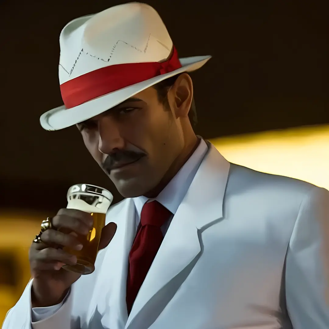 there's a man's mustachioed monkey in a white suit and red tie holding a beer, white suit and hat, imagem de perfil, foto do per...