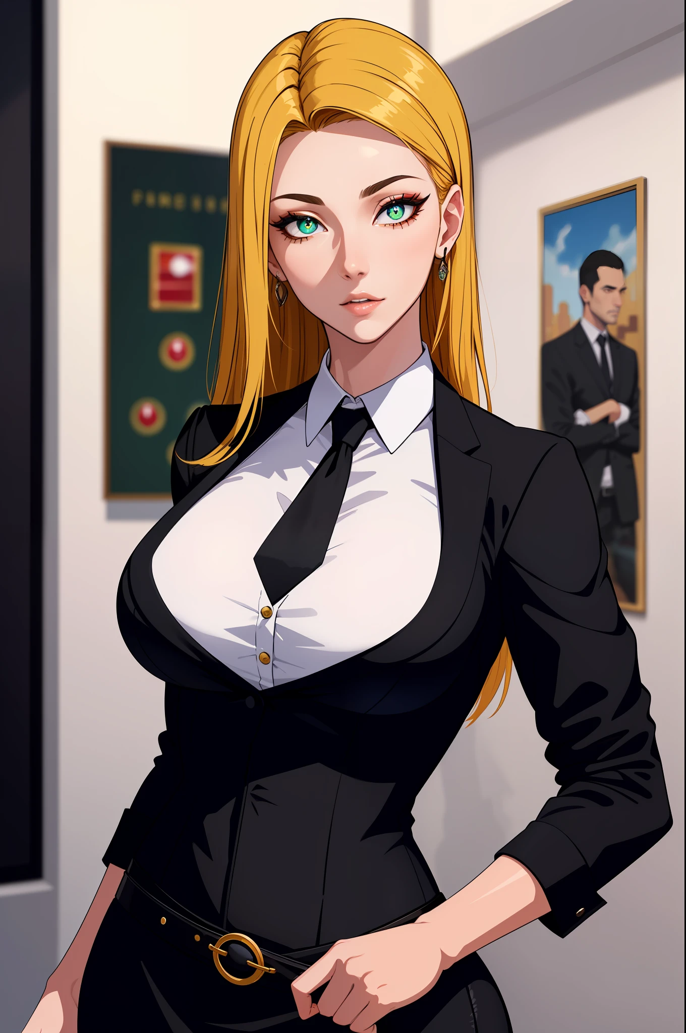 (masterpiece, highres, best quality:1.2), 8K, highly detailed, intricate, colorful, vibrant image, sharp focus, cinematic)  blonde hair, long hair, green eyes, body builder (Wearing black business outfit, black_collared shirt cropped jacket ,tie,necktie,black frilled skirt, garter straps, leather waist belt) (big perfect round breasts,hourglass body, thin waist,very thin waist, Photo realistic,(hyperrealistic:1)beautiful, masterpiece, best quality, extremely detailed face,perfect face,beautiful face, perfect lighting,detailed eye makeup, detail face, nice detailed eyes,nice hands, perfect hands,glowing eyes (realistic pupils,realistic iris:1) heavy eye makeup,(empty Casino)(Posing dynamically)