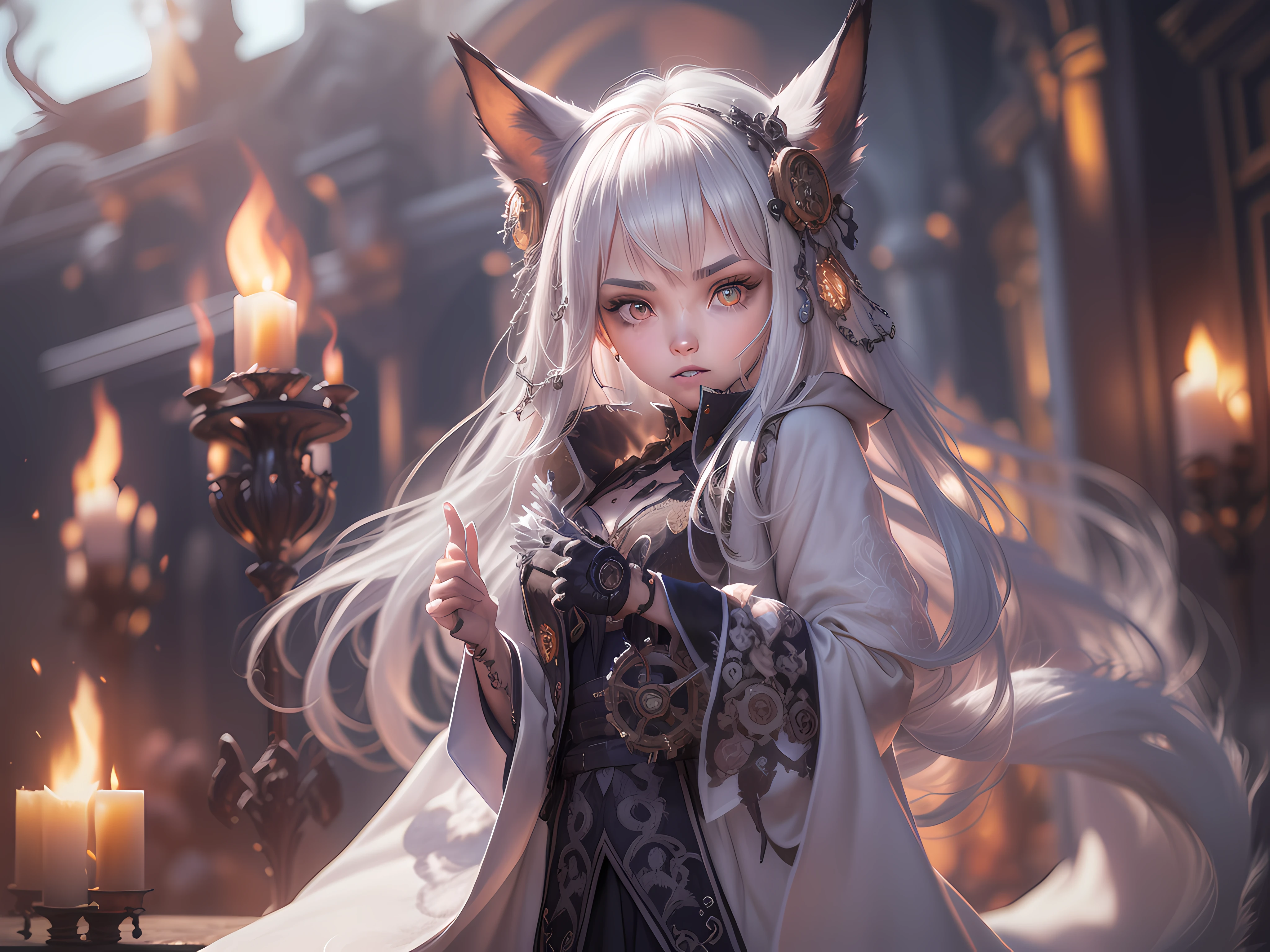 model. (1 japan girl, ember color fox ear, short silver hair, 15 year old (small chest:1.3), (small head), pale skin, ((platinum hair color)), wearing cloth, wearing black cloak with gears (long robes, magical robes, technical wearing). dark church background, mechanism gears, industry technology, automaton, electric sparks cinematic atmosphere. ((amber eyes high quality, high quality face)), (extremely intricate robes, magical robes), Dynamic action poses in battle scenes, very complex and casting black flame, swirling fire, radiating power, smoke, magic black flame ((dramatic)), bokeh, gothic, ember particles, skulls and lit candles red glow, shadows, top camera angle, (detailed eyes:1.3), (detailed face:1.3), (perfect hands:1.3). realistic shadows, ultra detailed high resolution, sharp focus, depth of field, (Masterpiece:1.2) (photorealistic:1.2) (best quality) (intricate details) (High Poly) (Raytracing), (neutral colors:1.2), (hdr:1.4), (muted colors:1.2), hyperdetailed, (artstation:1.4), cinematic, cold lights, dramatic light, (intricate details:1.1), (teal and orange:0.4)", detailed background, (steam-punk theme:1.1) determined expression, floating lights.