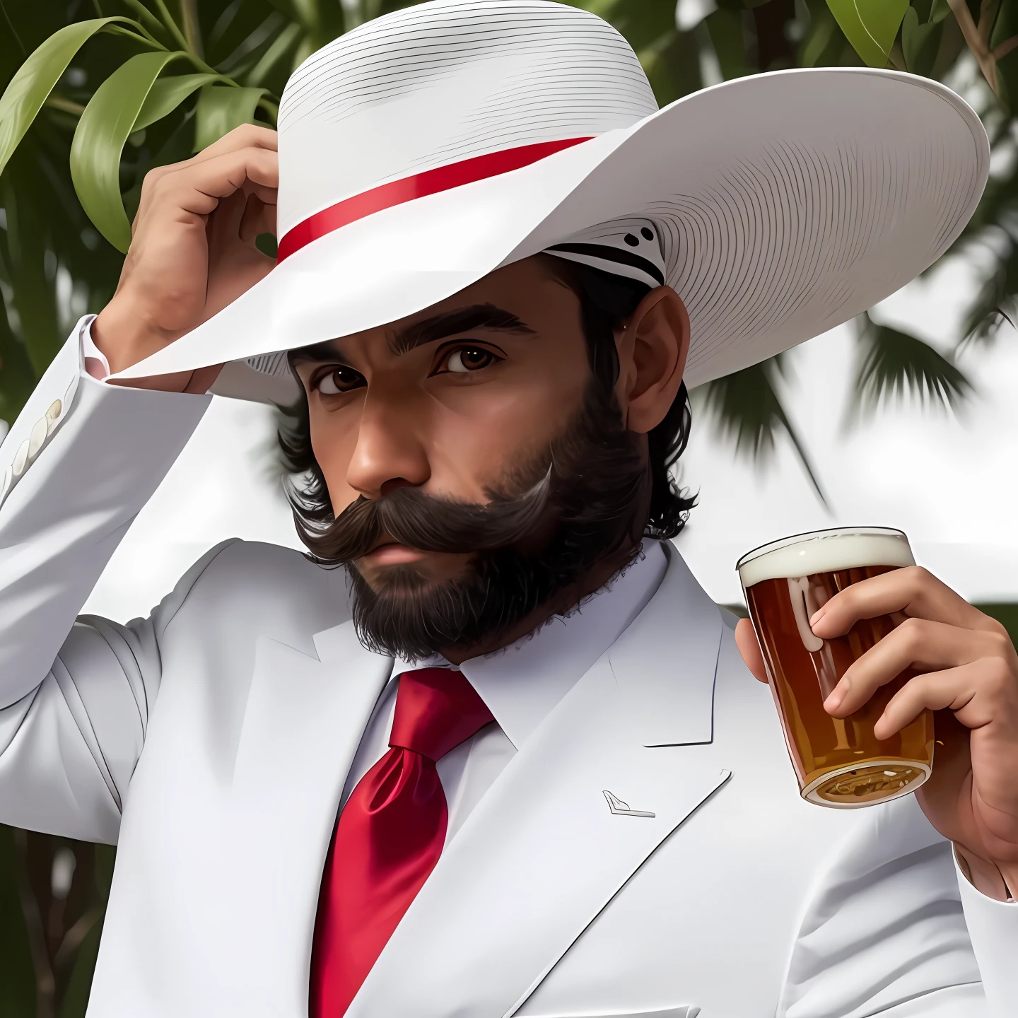 There's a mustachioed monkey in a white suit and red tie holding a beer, white suit and hat, imagem de perfil, foto do perfil, Gorjetando seu fedora, homem bonito, a suited man in a hat, com uma bebida, se segurando uma bebida