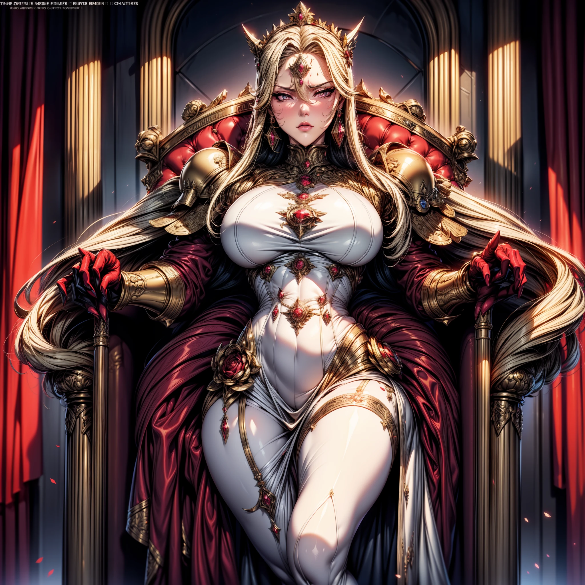 Image d&#39;affiche de film montrant les couleurs dans Warhammer 40K（（（（art dramatique））），（（（sable））），（（（furieux）））（Les magazines：1.3），（Style de couverture：1.3）C&#39;est《Warhammer40k》Image d&#39;affiche de film de la fille de l&#39;empereur。À l&#39;écran，Une femme noble et digne vêtue d’une magnifique robe royale，couronne sur la tête，Comme le symbole du sang royal dans Warhammer 40K。Elle a de longs cheveux blonds，Les yeux révèlent la confiance et la domination。La femme tient un sceptre qui brille de la lumière d&#39;un ange，Symbolise son autorité et son pouvoir en tant que fille de l&#39;empereur。Derrière elle se trouve un magnifique palais，Plein de luxe et de solennité。L&#39;ensemble du tableau dégage une aura de sacré et de majesté.，Il montre le règne et le comportement royal de la fille de l&#39;empereur Warhammer 40K.。