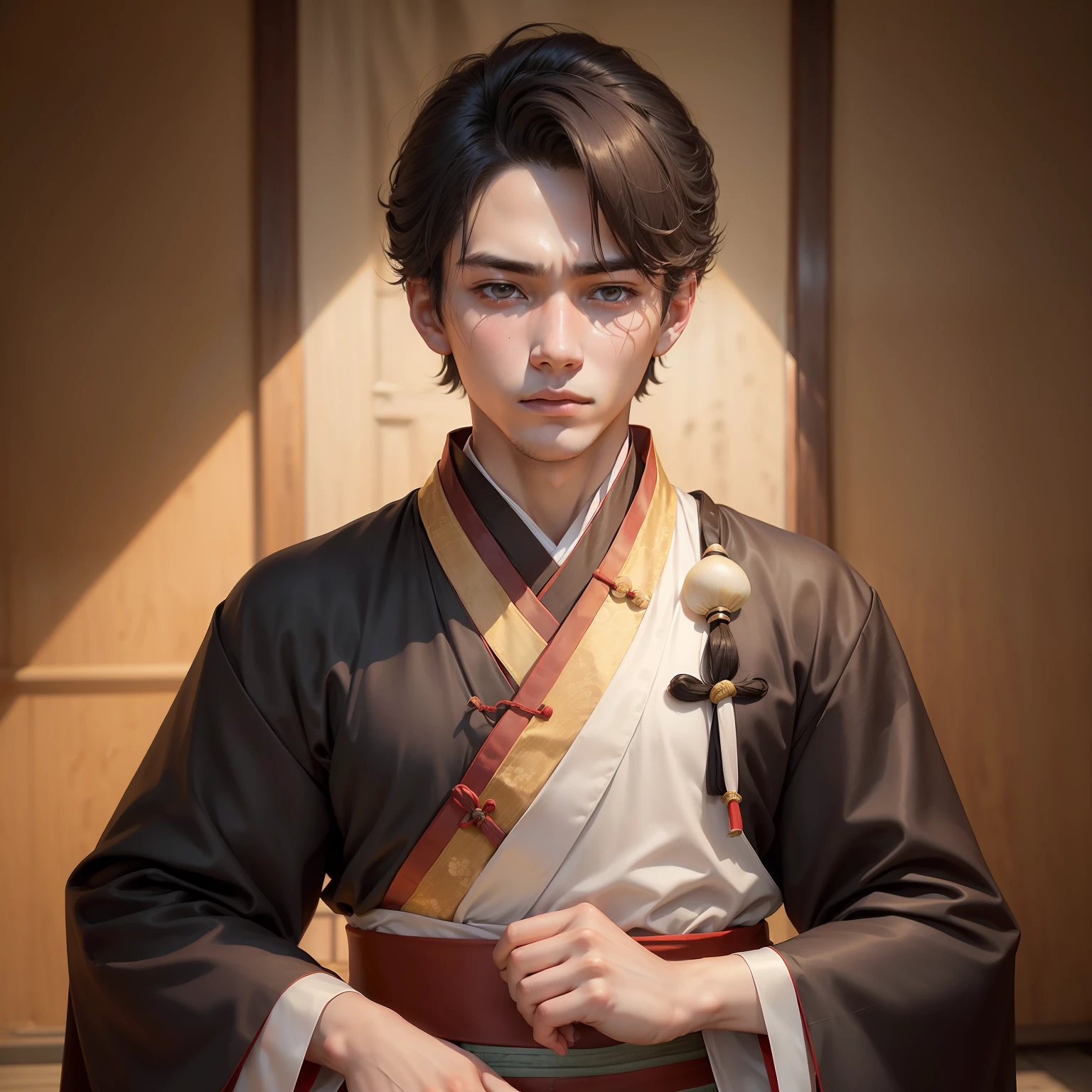 (A 20-year-old man wearing Hanfu:1.4)(The face is calm：1.5)（The body sits cross-legged：1.4）（In a poorly decorated house:1.6)(Upper body display:1.4)