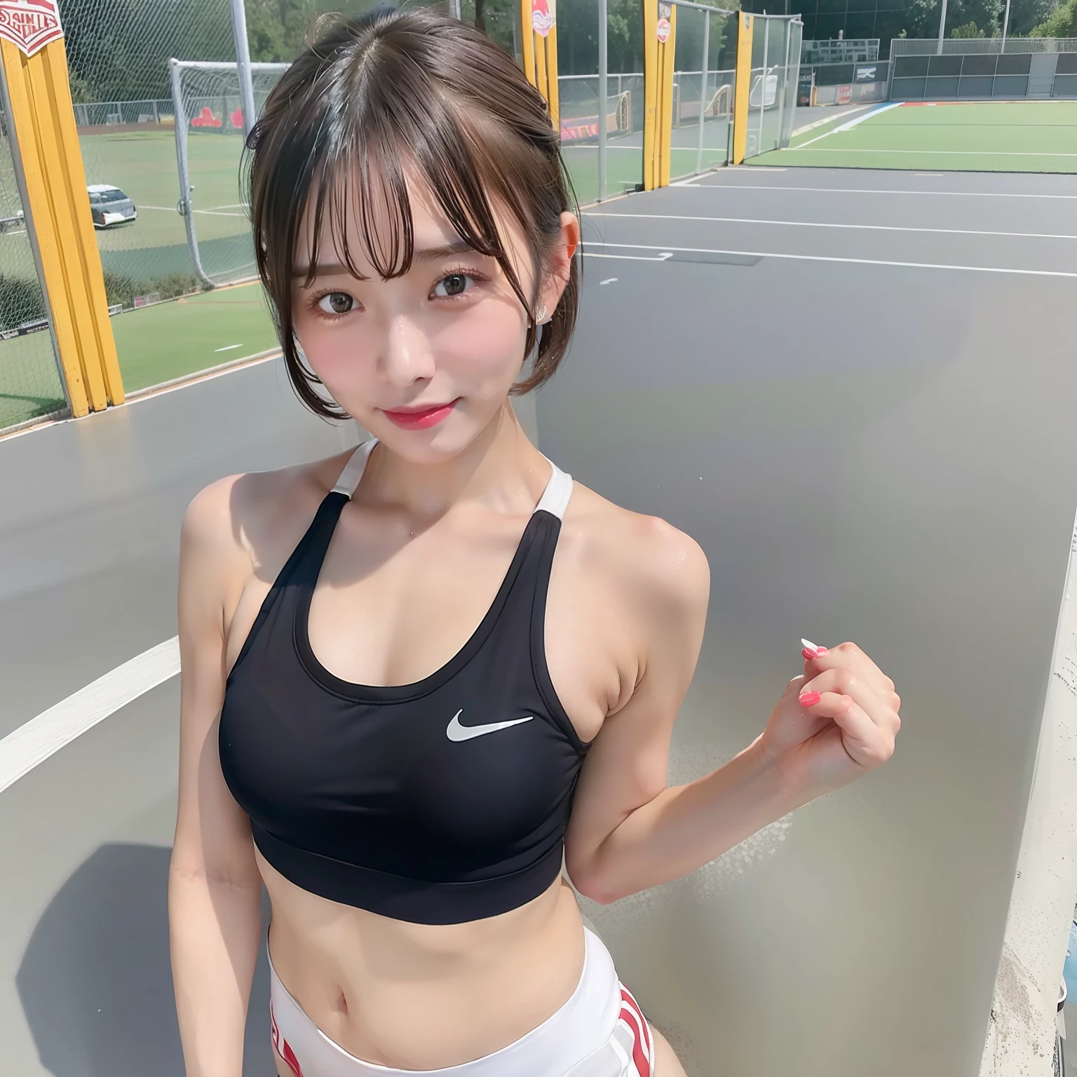 Woman wearing sweaty sports bra、(((flat chest)))、short-hair