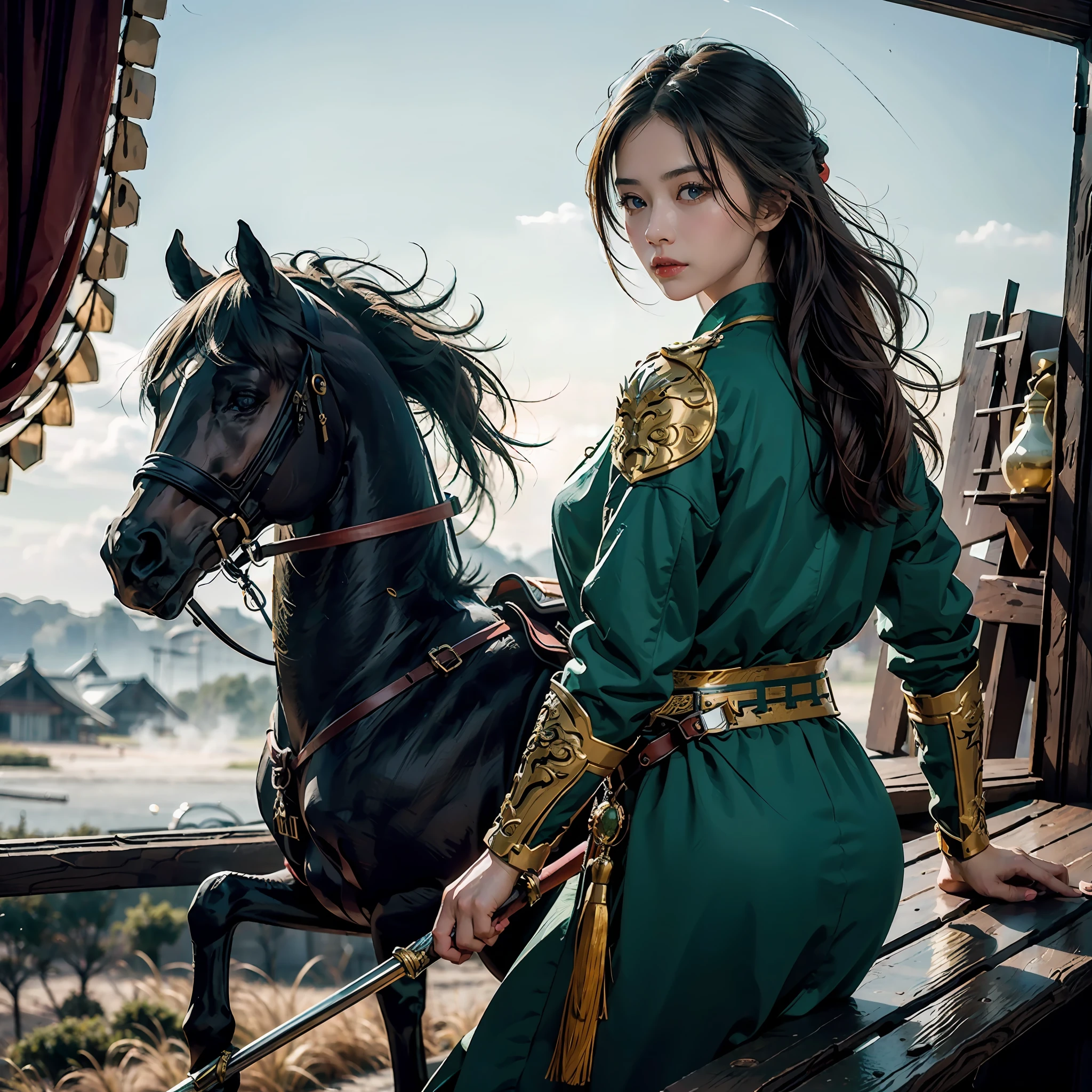 in a panoramic view，photorealestic，Modern style，Blue sky, the great wall，3girl，Dressed in gorgeous golden Chinese armor，Golden helmet，Riding three black war horses，holding sabre，Stand in front of the Great Wall，Sharp eyes，professinal，Meistwick，commissioned，best qualtiy，color corrected，After fixation，Retouching，Improvement，Epic，Tone-mapping，the detail， highly  detailed， digitial painting， art  stations， Conceptual map of the long dam， Smoothness， Sharp focus， Beautiful illustration， photore， The light from the back window is backlighted， 动态照明， Mist， 复杂， cinematic grain， professinal， face to the viewer，（Beautiful m3d_woman， Perfect M3D_face,）， Volumetriclighting， subsurfacescattering， Good highlights， Good shadows， cinematic ligh