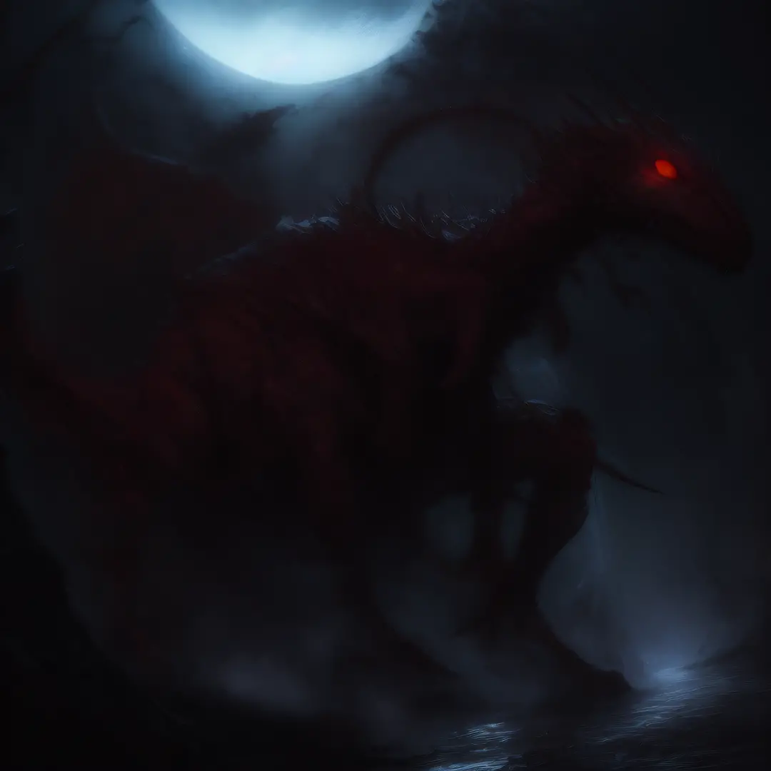 Chthonic creepy dinosaur with void bloody red eyes in cold hell