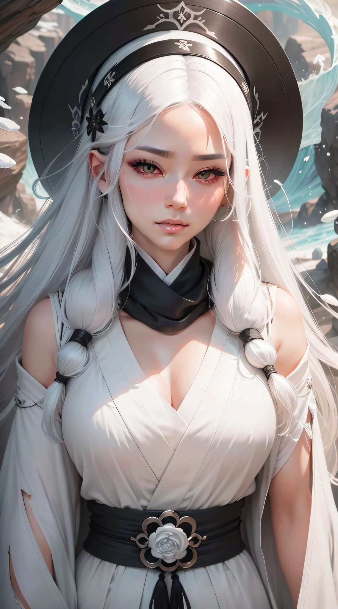 Close-up of a woman with white hair and a black scarf，独奏,a character portrait by Yang J，Pixiv competition winner，Fantasyart，white-haired god，Beautiful character painting，Guviz-style artwork，Yuki Onna's glareing gaze，Guweiz，long  white hair，Long white hair，flowing hair and long robes，Perfect facial features