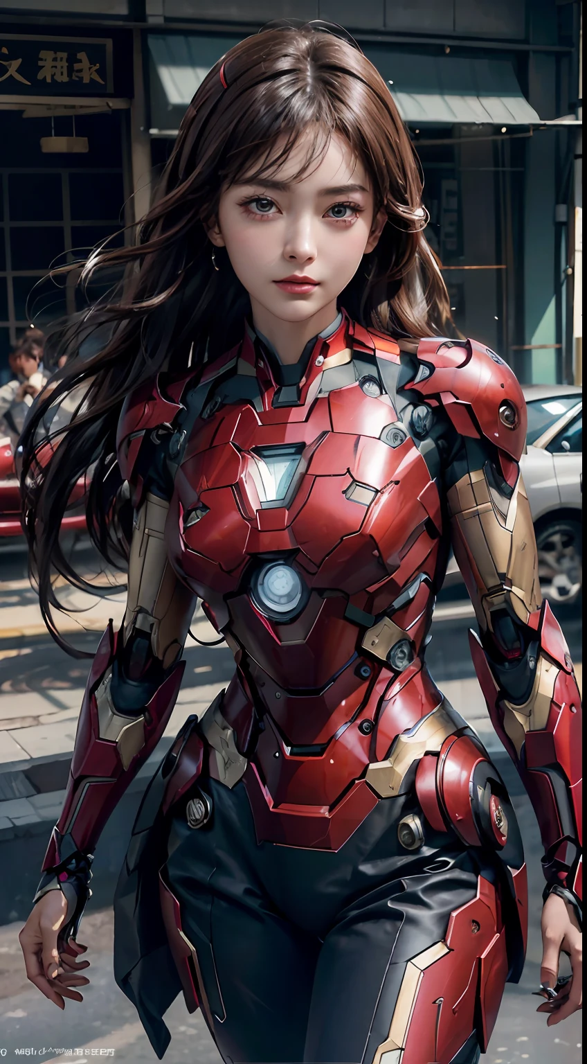 （（（（best qualtiy））），（（（ultra - detailed））），（（（tmasterpiece））），illustratio，（Magazine cover style illustration of a vibrant, stylish female Iron Man），Placed in colorful、Action-packed background。She looked confident，Hold a statement accessory in hand，The cover text should be eye-catching，Plus the title of the magazine and the catchy headline。The overall style is modern and stylish，with a focus on fashion and lifestyle），the wallpaper，crowd of，Fashionab，lipsticks，Ray traching，depth of fields，the street，Public places，Day 1 girl，solo，looking at viewert，Smooth skin，antipodeans，navel，hason，choker necklace，female focus，mannequin，middlebreast，The chest is the symbol of Iron Man，street corner，Publicly，Iron Man Battle Suit，mechs，machine parts，handcuff，shorter pants，arms folded，Cool，ssee-through，Gundam robots，jitome，underboob，float hair，Raised sexy，fine fabric emphasis, Dynamic posture, negative space:0.35, realisticlying:1.33,