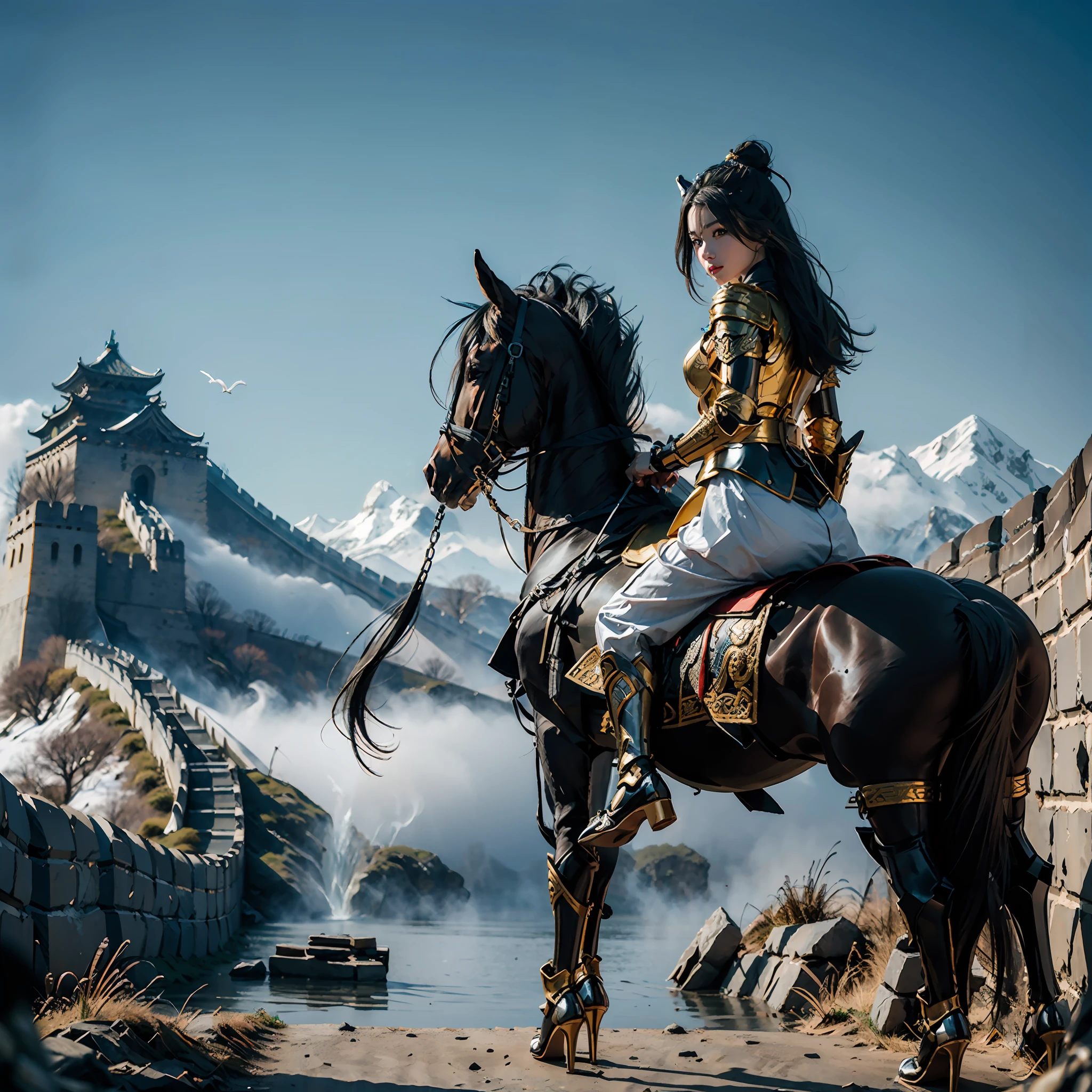 in a panoramic view，photorealestic，Modern style，Blue sky, the great wall，3girl，Dressed in gorgeous golden Chinese armor，Golden helmet，Riding three black war horses，holding sabre，Stand in front of the Great Wall，Sharp eyes，professinal，Meistwick，commissioned，best qualtiy，color corrected，After fixation，Retouching，Improvement，Epic，Tone-mapping，the detail， highly  detailed， digitial painting， art  stations， Conceptual map of the long dam， Smoothness， Sharp focus， Beautiful illustration， photore， The light from the back window is backlighted， 动态照明， Mist， 复杂， cinematic grain， professinal， face to the viewer，（Beautiful m3d_woman， Perfect M3D_face,）， Volumetriclighting， subsurfacescattering， Good highlights， Good shadows， cinematic ligh