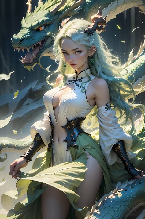 drak，chinesedragon，a Oriental Dragons，（Wind element），tornado，Lightning lightning，dynamic blur，Dragon Princess，a mature female，Peerless beauty，Delicate Face Portrayal，Extra-long hair that is disturbed by the wind，loong background，（The light green dragon is ...