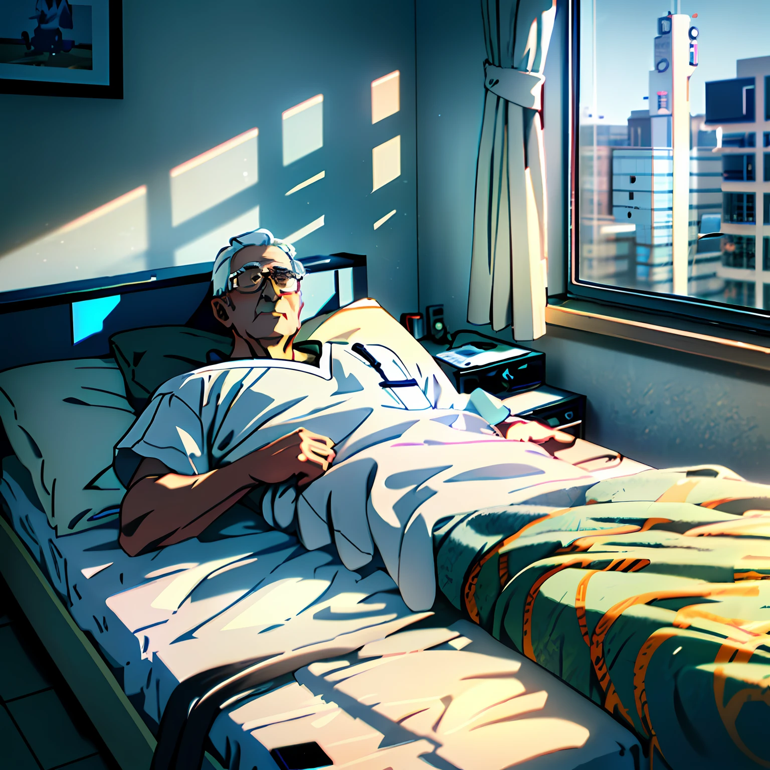 O avô estava deitado na cama，modern hospital，Use lentes padrão，fotografe em ambientes fechados，Color film，Adotar tecnologia de renderização de IA，Motor Unreal Engine，Alta nitidez。–v 5.1 --AR 2:3