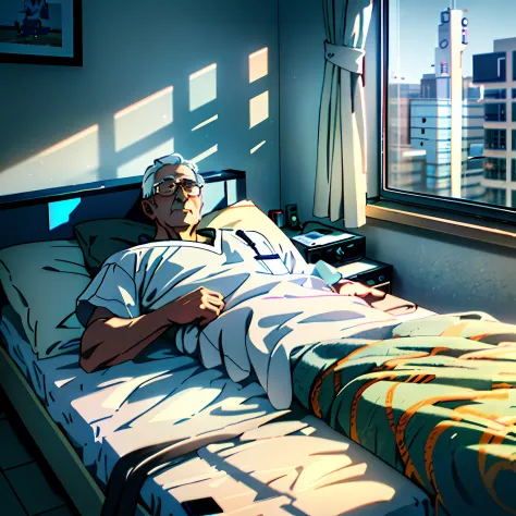 Grandpa was lying on the bed，modern hospital，Use standard lenses，Shoot indoors，Color film，Adopt AI rendering technology，Unreal E...