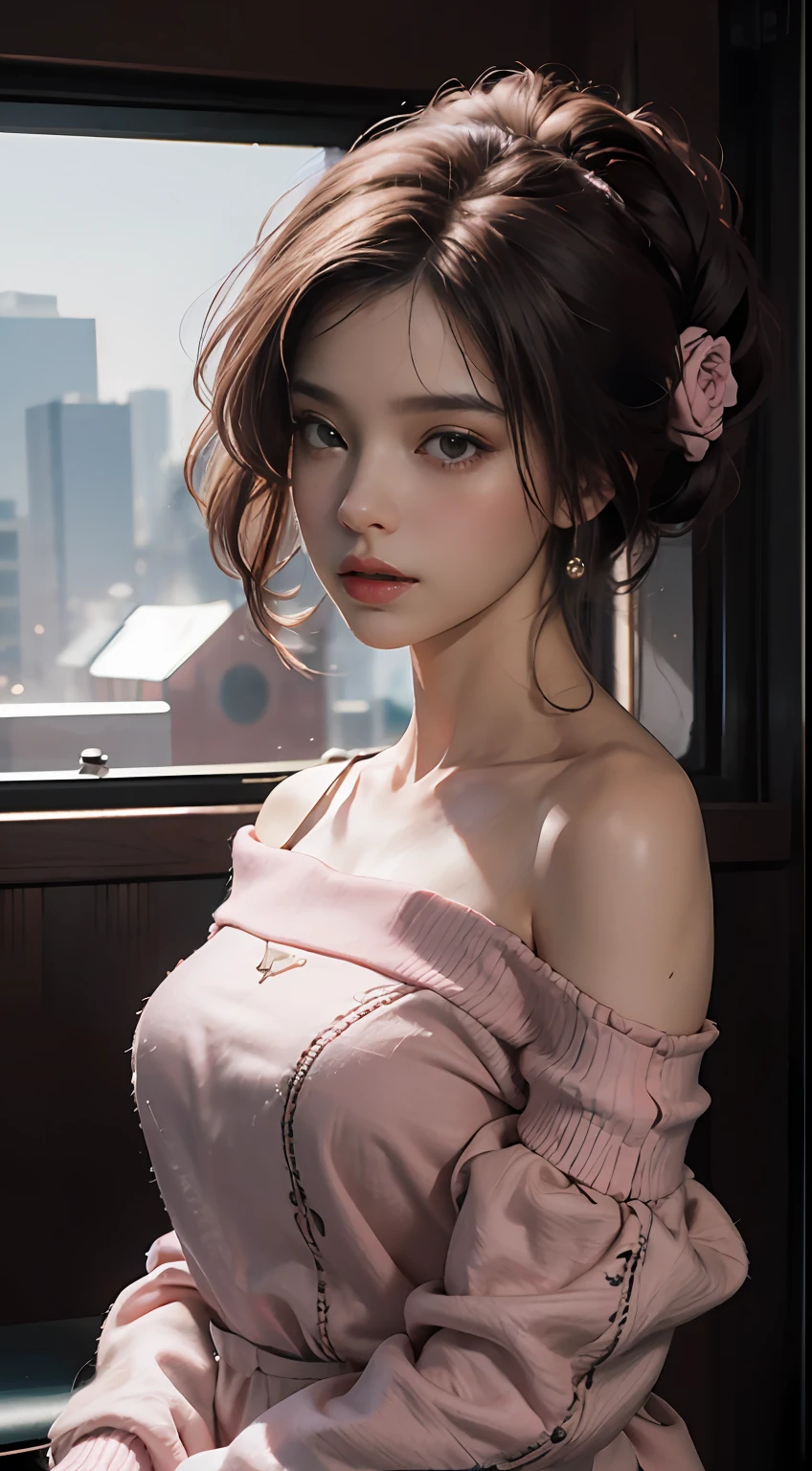 Best Quality, Masterpiece, Ultra High Resolution, (Realisticity: 1.4), Original Photo, 1girl, Pink Off-the-Shoulder, Cinematic Lighting