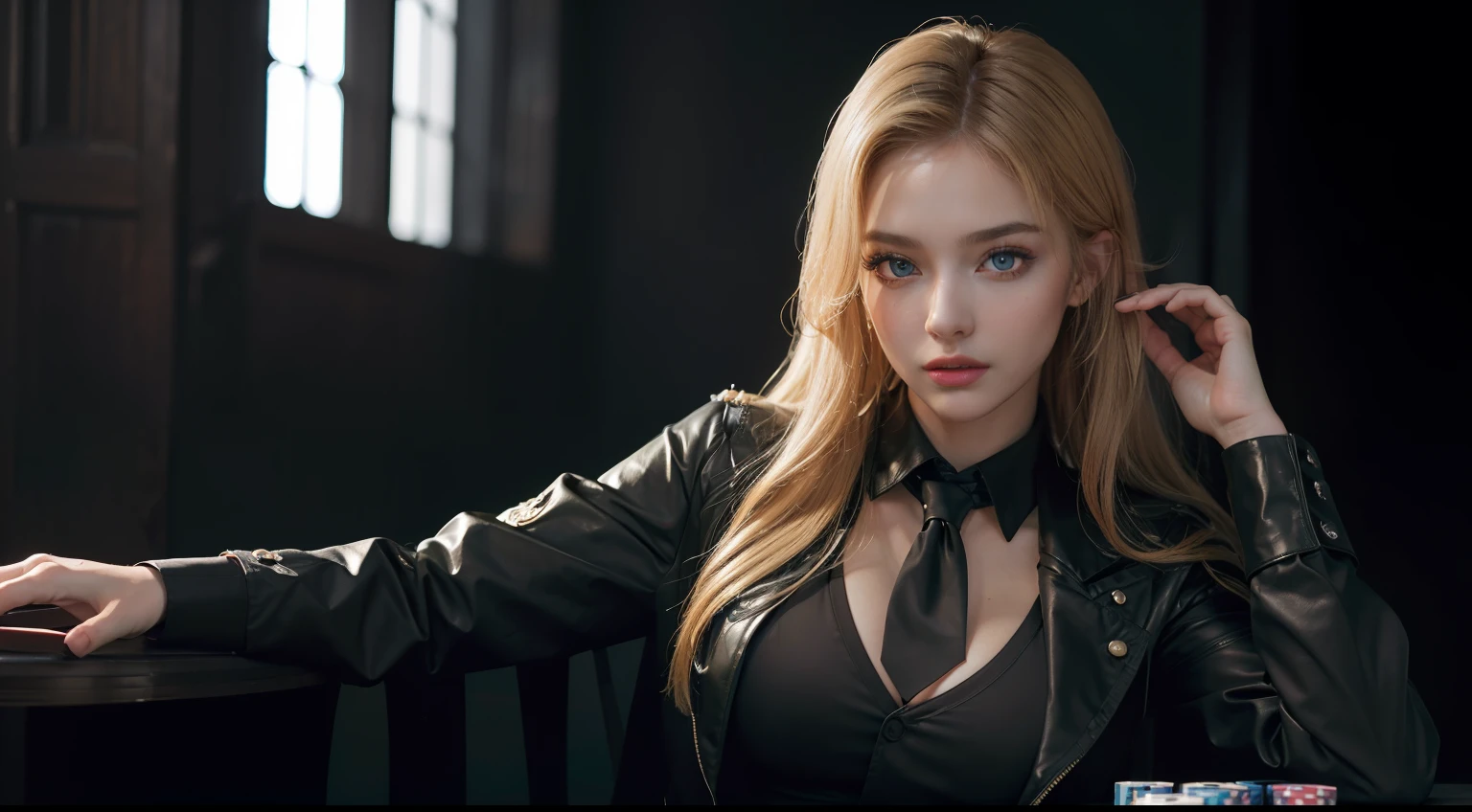 (masterpiece, highres, best quality:1.2), 8K, highly detailed, intricate, colorful, vibrant image, sharp focus, cinematic)  blonde hair, long hair, green eyes, body builder (Wearing black business outfit, black_collared shirt cropped jacket ,tie,necktie,black frilled skirt, garter straps, leather waist belt) (big perfect round breasts,hourglass body, thin waist,very thin waist, Photo realistic,(hyperrealistic:1)beautiful, masterpiece, best quality, extremely detailed face,perfect face,beautiful face, perfect lighting,detailed eye makeup, detail face, nice detailed eyes,nice hands, perfect hands,glowing eyes (realistic pupils,realistic iris:1) heavy eye makeup,(empty Casino)(Posing dynamically)