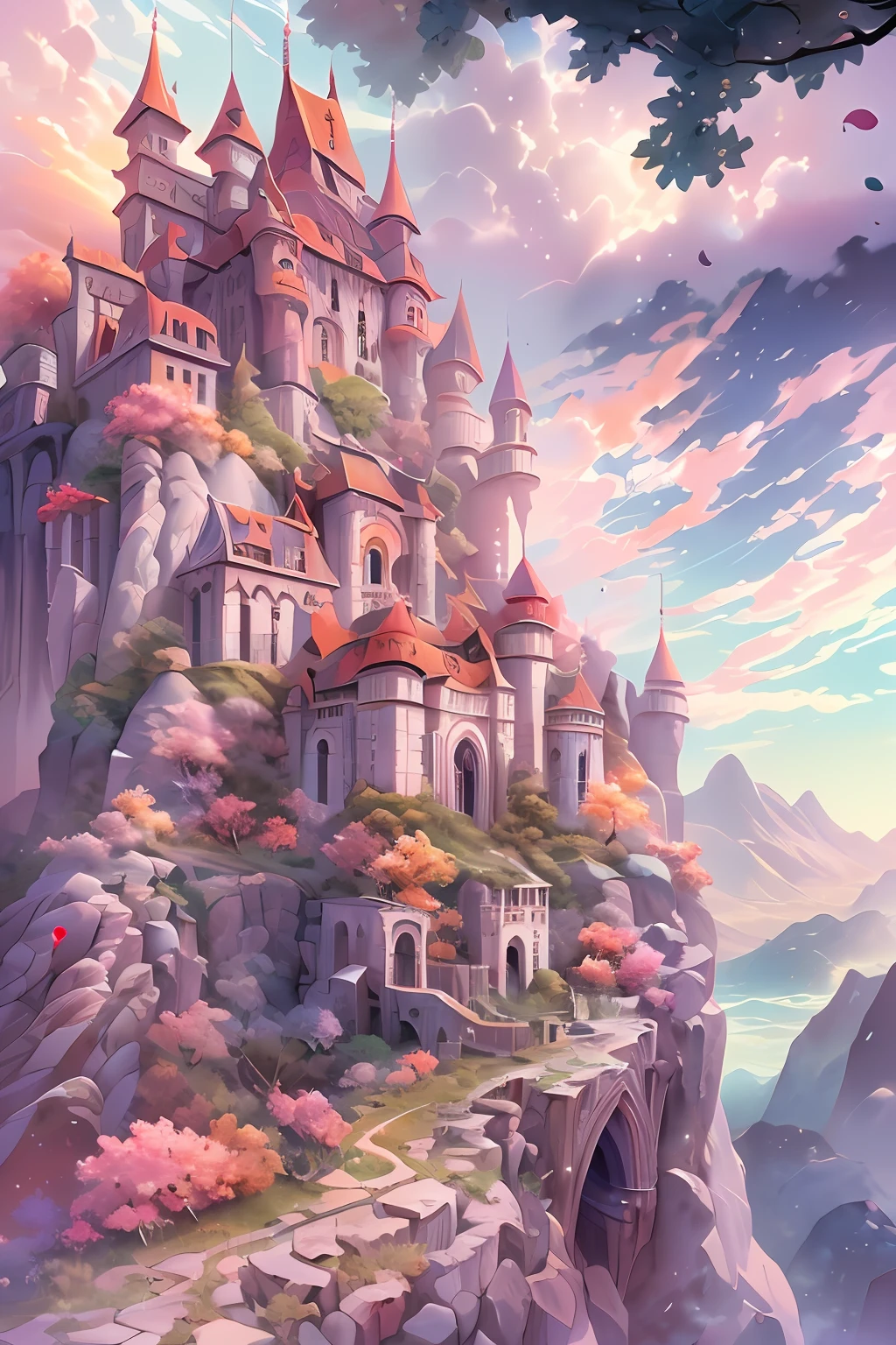 a castle on top of a mountain,( watercolor \(medium\), IrisCompiet:1.2),abstract background, fantasy, many colors, colorful, flower petals, wind blowing,masterpiece, best quality, (extremely detailed CG unity 8k wallpaper), (best quality), (best illustration), (best shadow), absurdres, realistic lighting, (Abyss), beautiful detailed glow,clear face, clean white background, masterpiece, super detail, epic composition, ultra HD, high quality, extremely detailed, official art, uniform 8k wallpaper, super detail, 32k -- v 6