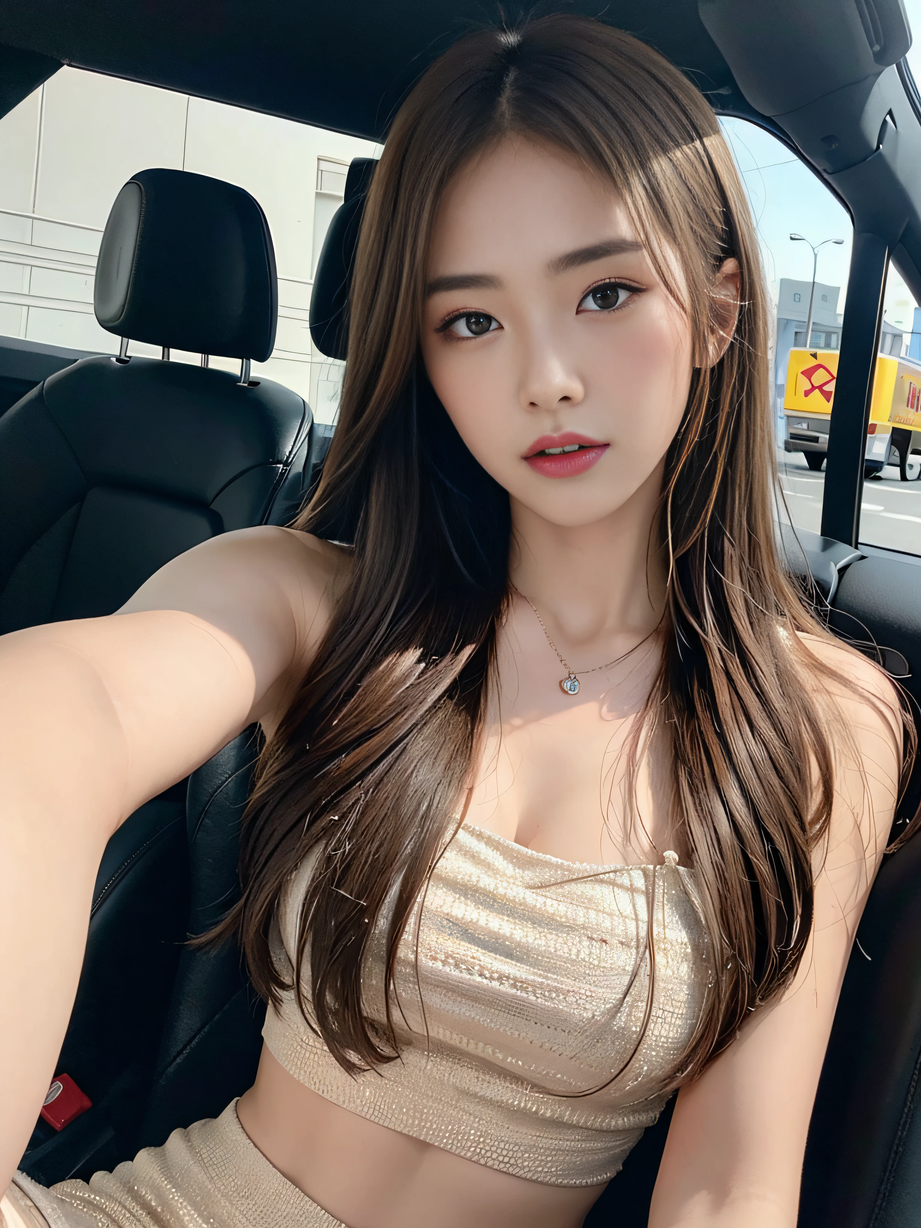 ((Realistic lighting、top-quality、8K、​masterpiece:1.3))、Clear focus:1.2、nudde:1.3、1girl in、perfectbodybeauty:1.4、Slim abs:1.1、dark-brown eyes、((dark brown hair、middlebreasts:1.2))、(Acceleration:1.4)、Slender face、In the car、Open your legs、Looking at the camera、(24 year old:1.3)、hyperdetailed face、A detailed eye、二重まぶた、a necklace、