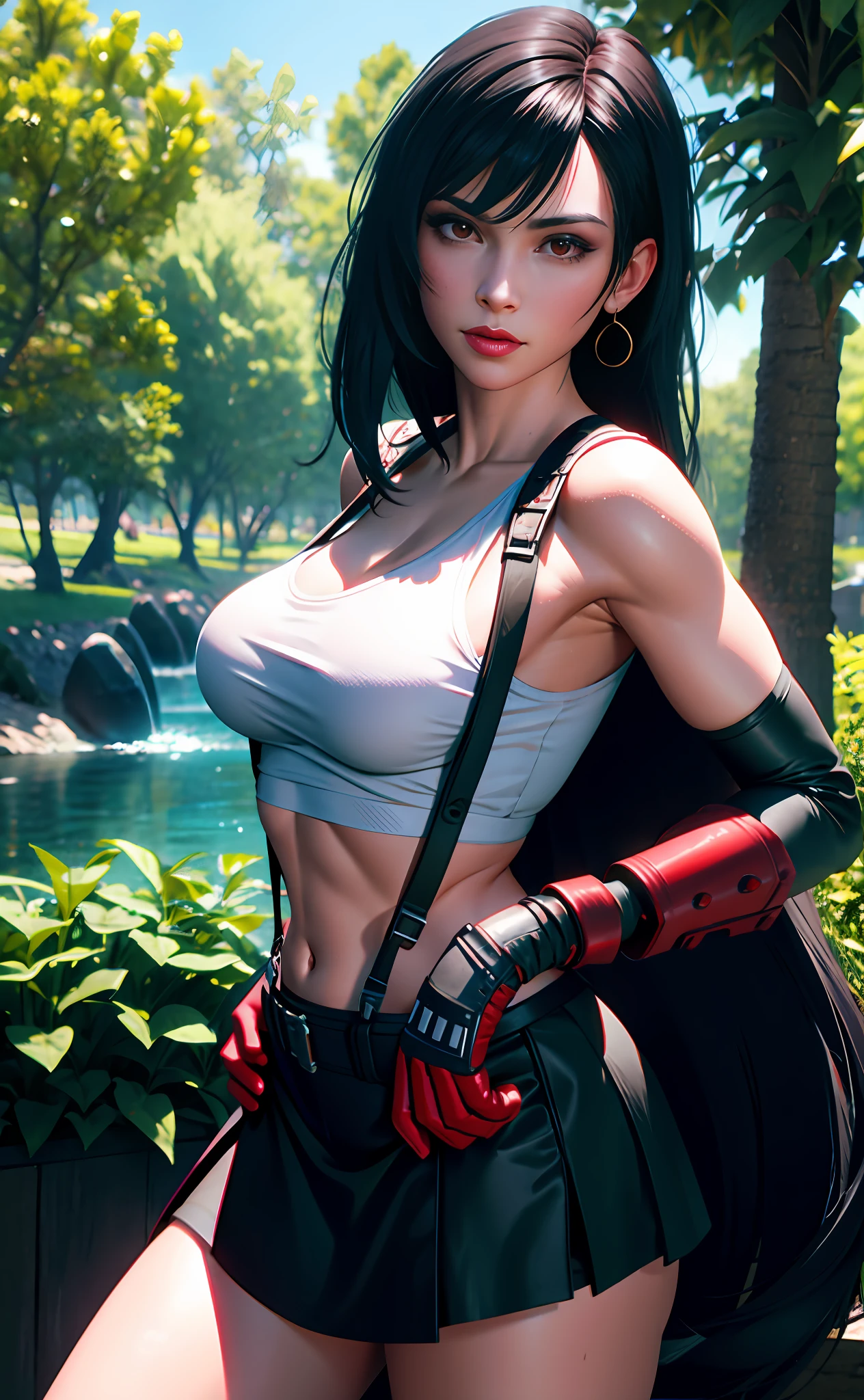 Tifa lockhart, tifa_lockhart,  ff7, sultry face, (full :1.5), (black long hair), hair bangs (red eyes:1.3) long eyelashes, beautiful red eyes with brightness, surrealism, shadow, stereogram, photorealistic, realistic, POV, atmospheric perspective, cinematic lighting, ray tracing, 8k, super detail, best quality, masterpiece, well detailed, (Canon EOS R6, 135mm, 1/1250s, f/2.8, ISO 400:0.9), red combat gloves, big breasts, slim, (medium breasts:1.4) (view from front:1.4)(nature background:1.3)