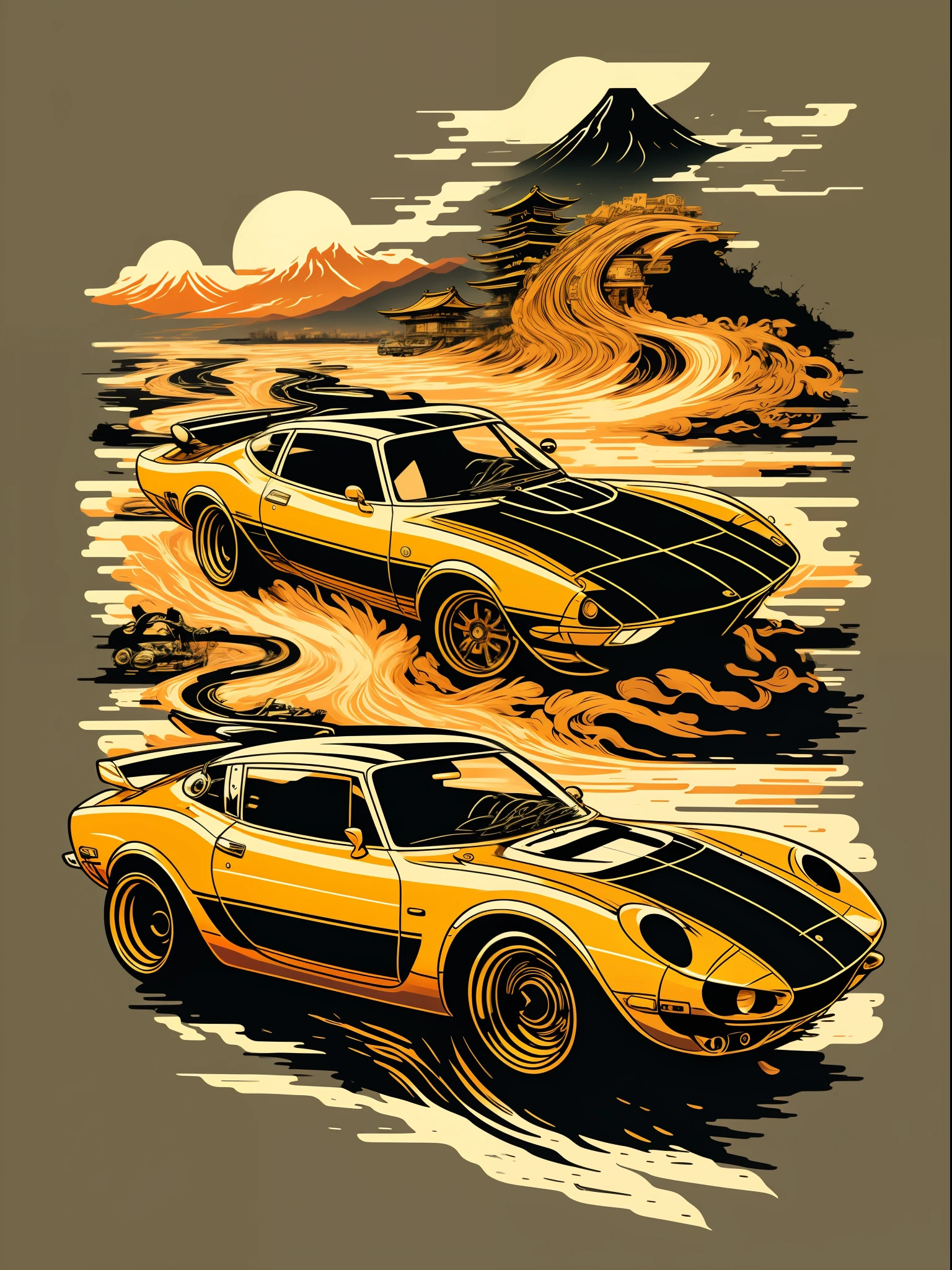 Japanese vintage art, tokyo drift, car, outline