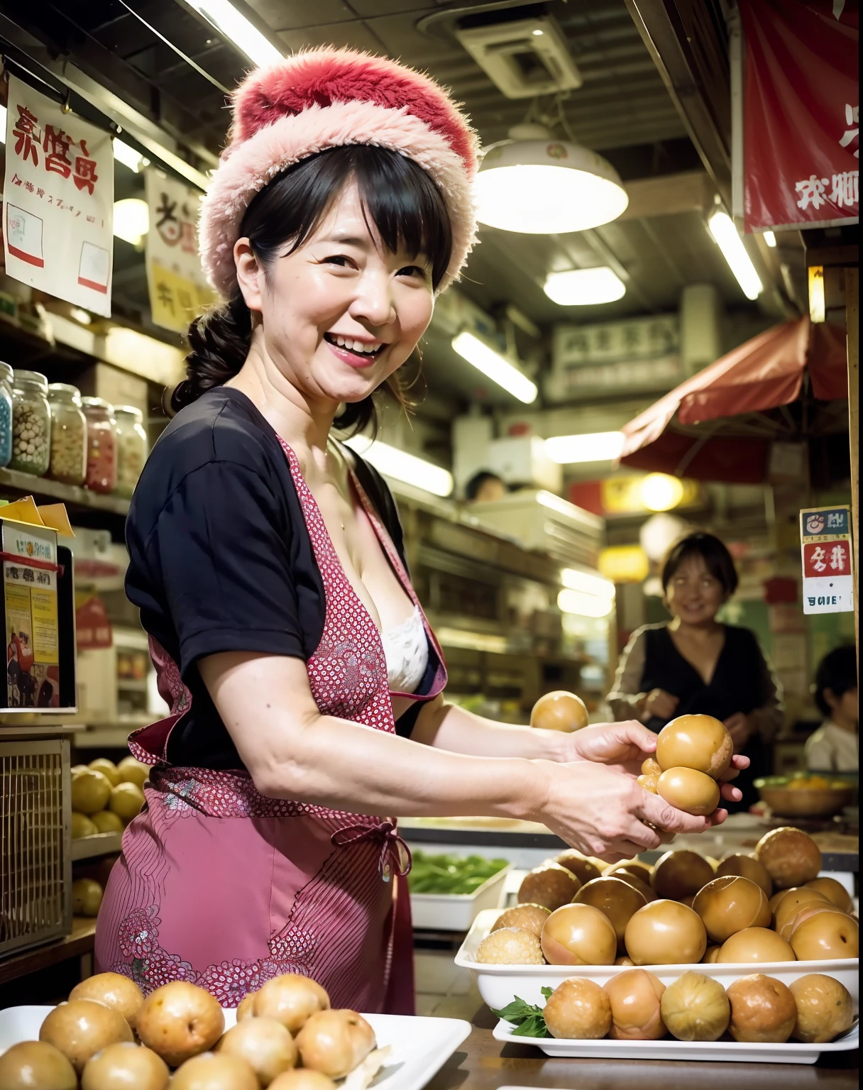 In a quaint Japan neighborhood, Bustling and bustling stalls catch the eye of passers-by. Plump 50-year-old mature woman、Burst breasts, Show cleavage, Wearing an old apron、Wearing old mittens、Giant Tanaka, Thick and energetic octopus ball bender, Who seems to have stepped straight into a heartwarming movie.With her warm smile and glowing eyes,  Tanaka exudes an aura of friendliness and charm, Attract customers like a magnet. Her stall, Decorated with colorful lanterns, Unleash the enchanting aroma of freshly made octopus balls, Floating in the air、Entice hungry patrons from all over the world.
Tanaka's Apron, Decorated with cheerful octopus prints、Burst breasts, Show cleavage,  While she deftly moves around the small cooking station, She effortlessly flips takoyaki balls on metal skewers, A true maestro at work. Burning sounds and rhythmic sounds of metal、Become a captivating symphony that complements the lively chatter of customers and friends、Greatly pleases her young audience. She shares the history of the neighborhood and the secret stories behind her legendary sources, Bringing joy and laughter to men and women of all ages.When dusk subsides, Lanterns come to life, casting a warm glow upon the scene. Tanaka's food stall becomes a community-based base, Locals々Gatherings of、Share your story、Where to make memories. A stranger makes friends with a plate of octopus balls, And the sounds of laughter and happiness fill the air.
Her kindness is、Beyond the food she provides;  Spread her love and compassion to the neighborhood. She is a darling, The true embodiment of the concept of Japan hospitality, A place where hospitality and sincere compassion for others shine、Burst breasts, Show cleavage,