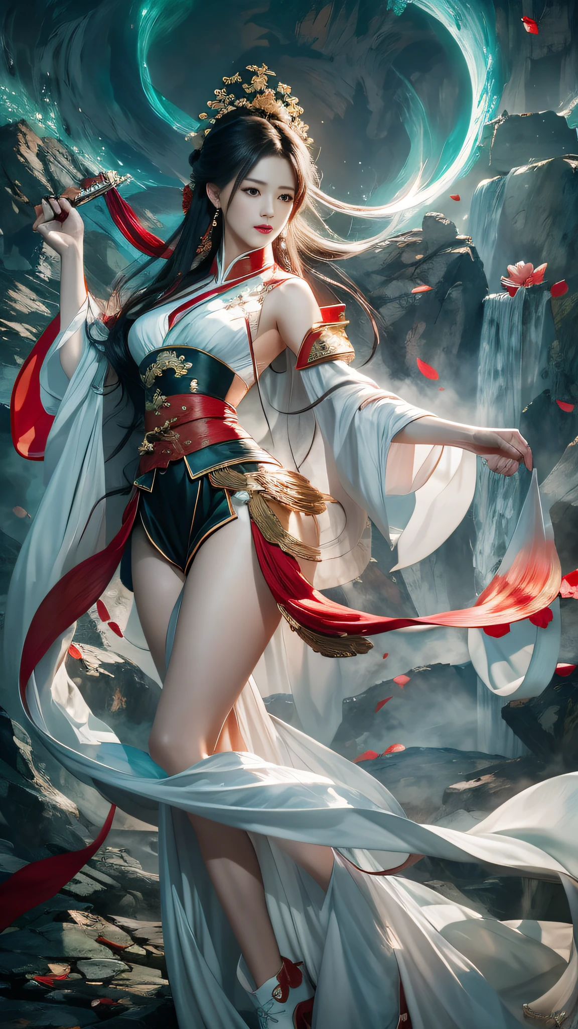A woman in a white dress and red cloak poses for a photo, by Yang J, artgerm and ruan jia, ig model | art germ, Ruan Jia and Artgerm, Extremely detailed Artgerm, full-body xianxia, art-style, author：ruanjia、stanely artgerm, artgerm style，Works of masters，Best image quality，Higher quality，high detal，Ultra-high resolution，8K resolution