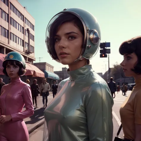 4k image from a 1960s science fiction film, Imagem do filme de Wes Anderson, pastels colors, Students with alien accessories and a woman with transparent glass helmet are wearing retro-futuristic fashion clothes and futuristic ornaments and technological d...