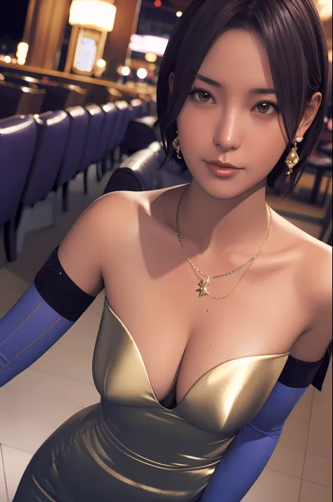 nagisa,  ultra realistic 8k cg, flawless, masterpiece, solo, 1girl, casino, rich, night dress, cutout, necklace, earring, golden, face focus, gleaming skin, elbow gloves, cleavage