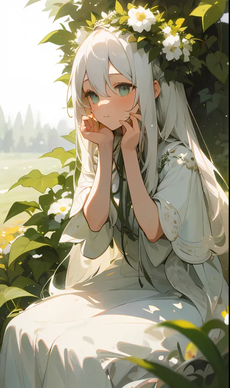 (masterpiece, best quality),1girl with long white hair sitting in a field of green plants and flowers, her hand under her chin, ...