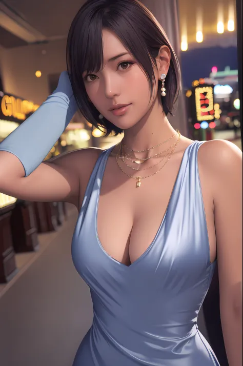 nagisa,  ultra realistic 8k cg, flawless, masterpiece, solo, 1girl, casino, rich, night dress, cutout, necklace, earring, golden, face focus, gleaming skin, elbow gloves, cleavage, shiny dress