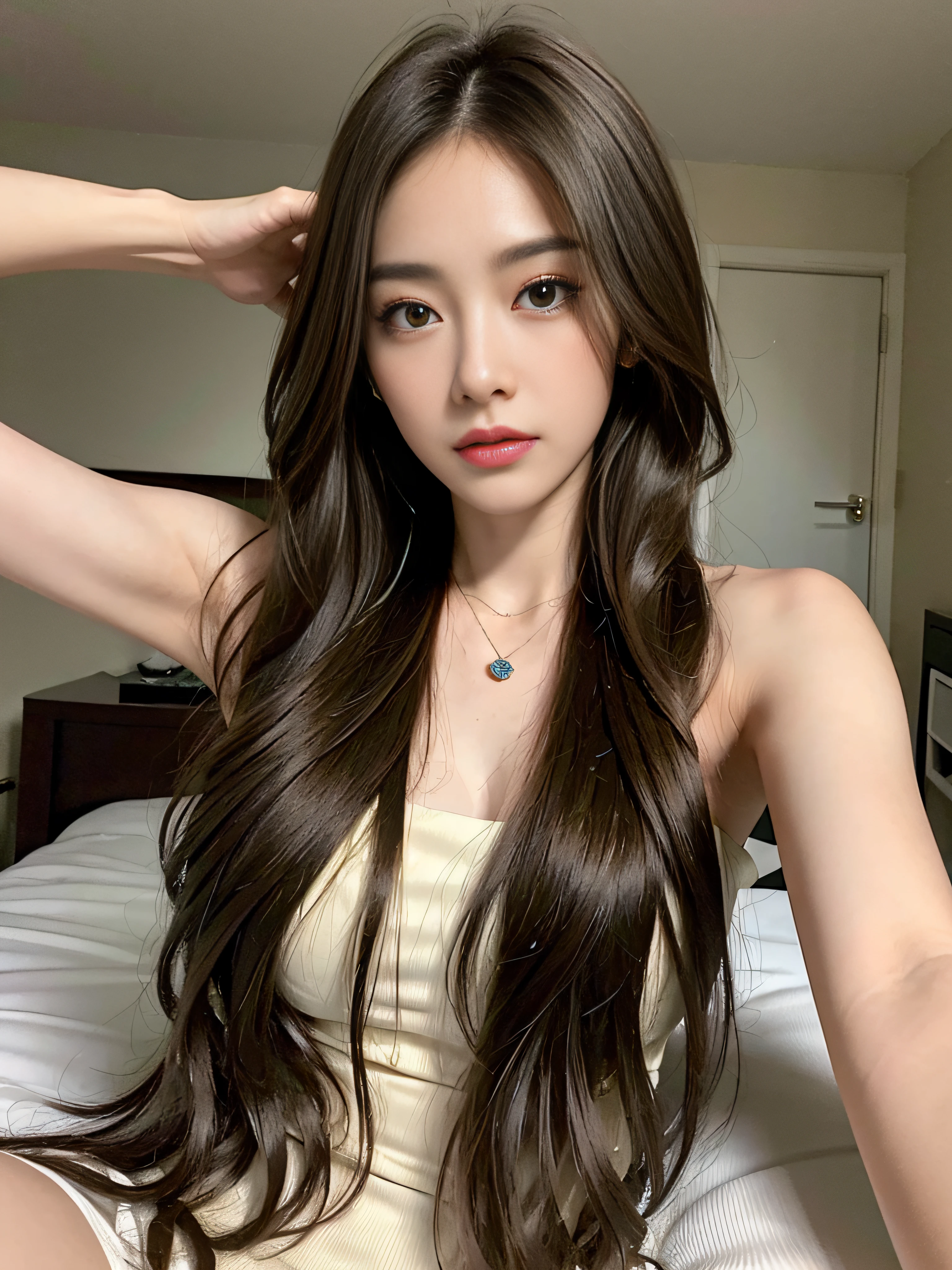 ((Realistic lighting、top-quality、8K、​masterpiece:1.3))、Clear focus:1.2、SNFW:1.2,((nude:1.3))、1girl in、perfectbodybeauty:1.4、Slim abs:1.1、dark-brown eyes、((dark brown hair、middlebreasts:1.2))、(Acceleration:1.4)、Slender face、on the beds、laying on back、Lying、Open your legs、Looking at the camera、(24 year old:1.3)、hyperdetailed face、A detailed eye、double eyelid、a necklace、Bird's eye view