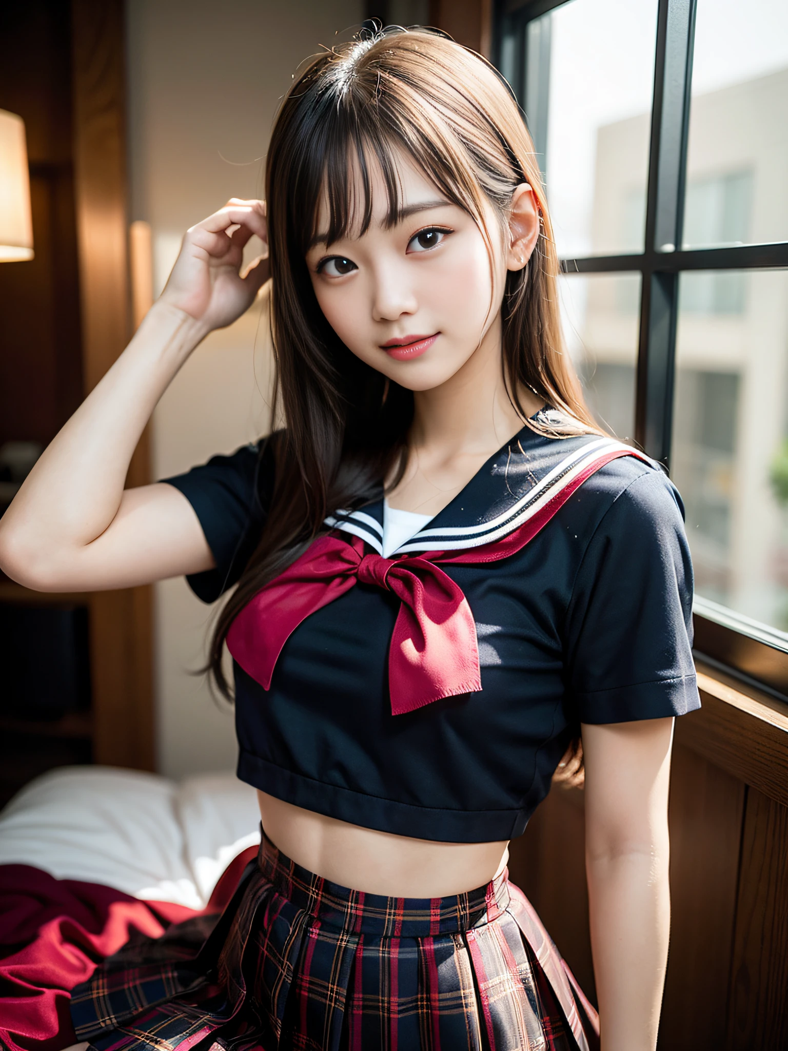 1girl, japanese gravure model, mideum straight hair, bangs, (pale skin:1.1),cute beautiful girl, medium breasts,  clean face skin, smile shyly,
BREAK
sexy feeling, erotic feeling,
(in love hotel:1.2), (after sex:1.1), (japanese high school uniform with sailor collar:1.2), sailor uniform, red scarf, (pleated check skirt:1.3),
(dynamic angle, dynamic pose:1.3),
BREAK
masterpiece, best quality, highres, detailed skin, detailed, detailed face and eyes, hi-res, natural lighting, perfect anatomy, physically-based rendering, photorealistic, symmetric clear eyes, well-groomed face,