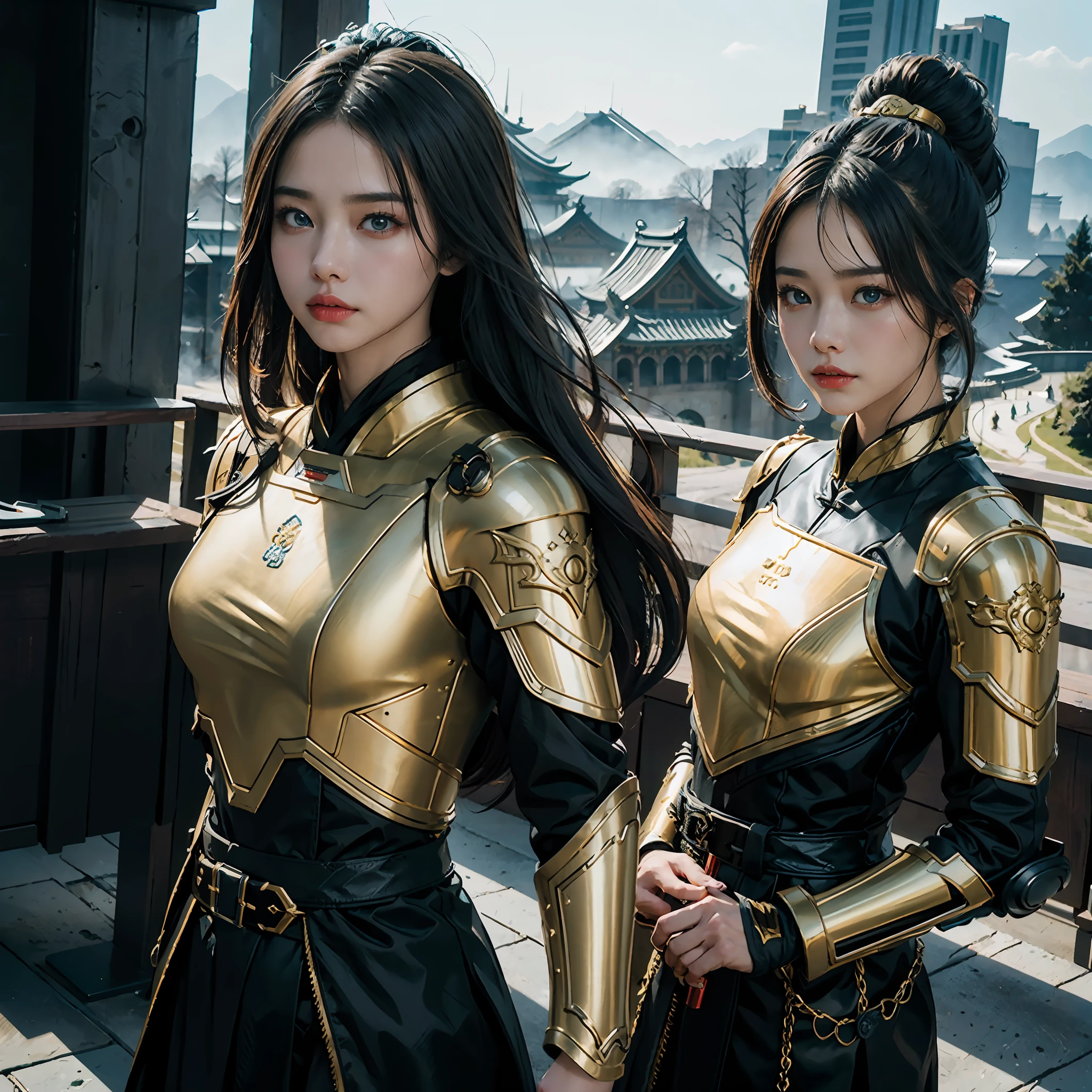 in a panoramic view，photorealestic，cyber punk style，Blue sky, Modern Great Wall defense base，3girl，Wear black Chinese clothing，Dressed in gorgeous gold Chinese high-tech armor，Wearing a gold high-tech helmet，Black mask，High-tech motorcycle，holding sabre，Carrying a laser gun，Stand in front of the Great Wall，Sharp eyes，professinal，Meistwick，commissioned，best qualtiy，color corrected，After fixation，Retouching，Improvement，Epic，Tone-mapping，the detail， highly  detailed， digitial painting， art  stations， Conceptual map of the long dam， Smoothness， Sharp focus， Beautiful illustration， photore， The light from the back window is backlighted， 动态照明， Mist， 复杂， cinematic grain， professinal， face to the viewer，（Beautiful m3d_woman， Perfect M3D_face,）， Volumetriclighting， subsurfacescattering， Good highlights， Good shadows， cinematic ligh