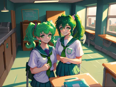 masterpiece, best quality, 1girll, green hair, classroom, light smile, school uniform, pony tails