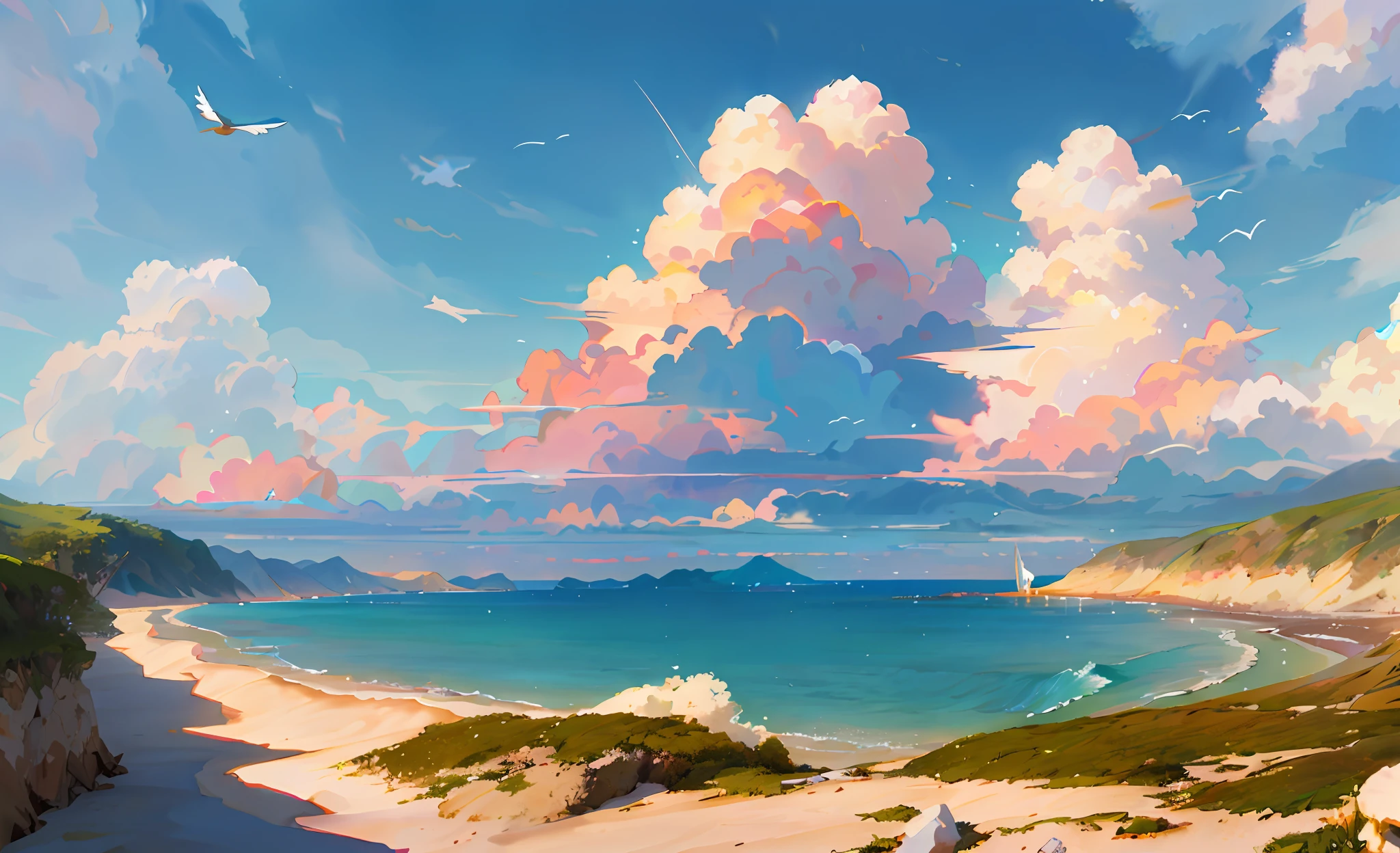 Paint a picture of the beach，A bird flies on the water, rhads and lois van baarle, ross tran. scenery background,  | RHADS, RHADS!!!, RHADS!, Inspired by RHADS, studio glibly makoto shinkai, author：RHADS, Live view Landscape, Blue sea. By Makoto Shinkai, wlop and RHADS