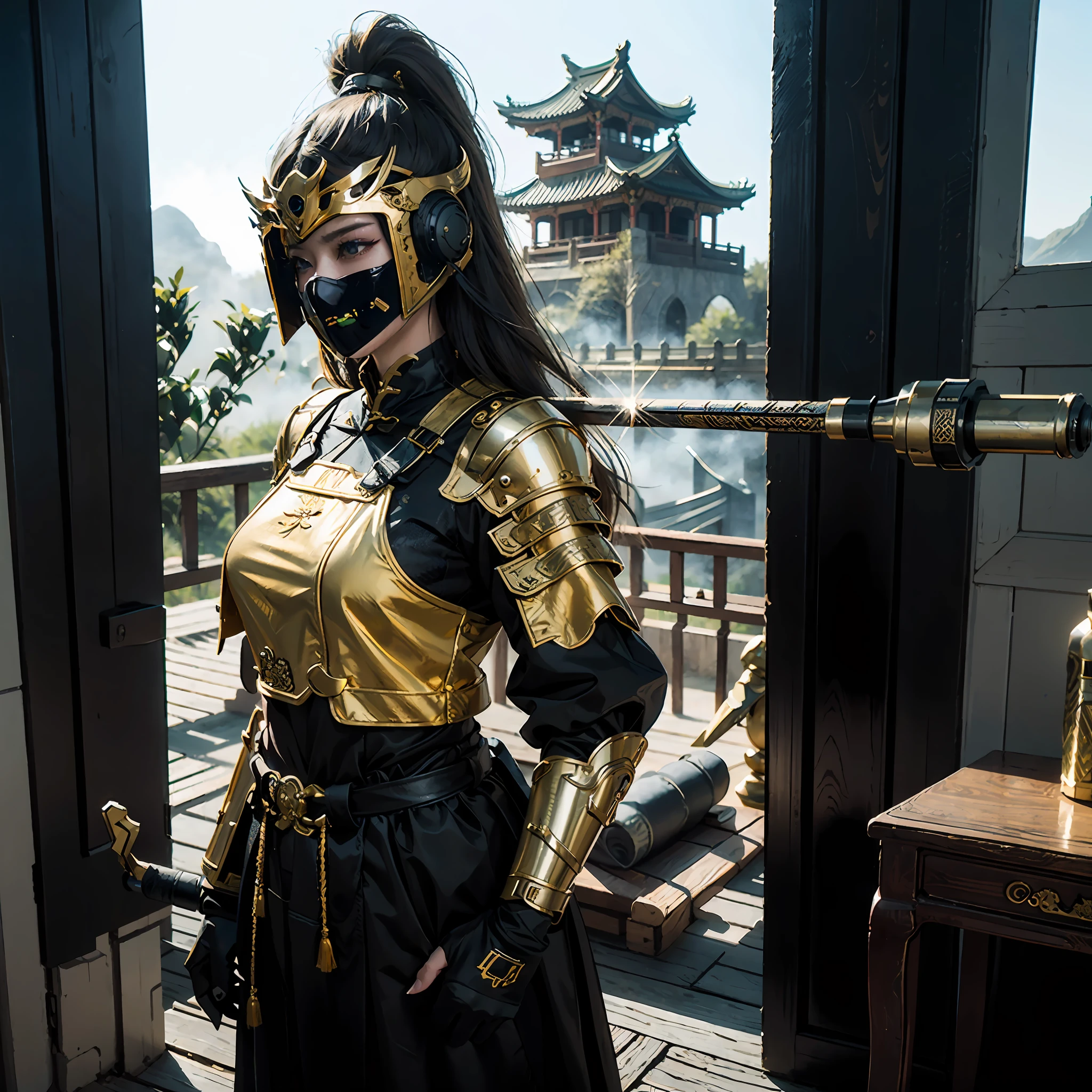 in a panoramic view，photorealestic，cyber punk style，Blue sky, Modern Great Wall defense base，3girl，Wear black Chinese clothing，Dressed in gorgeous gold Chinese high-tech armor，Wearing a gold high-tech helmet，Black mask，High-tech motorcycle，holding sabre，Carrying a laser gun，Stand in front of the Great Wall，Sharp eyes，professinal，Meistwick，commissioned，best qualtiy，color corrected，After fixation，Retouching，Improvement，Epic，Tone-mapping，the detail， highly  detailed， digitial painting， art  stations， Conceptual map of the long dam， Smoothness， Sharp focus， Beautiful illustration， photore， The light from the back window is backlighted， 动态照明， Mist， 复杂， cinematic grain， professinal， face to the viewer，（Beautiful m3d_woman， Perfect M3D_face,）， Volumetriclighting， subsurfacescattering， Good highlights， Good shadows， cinematic ligh