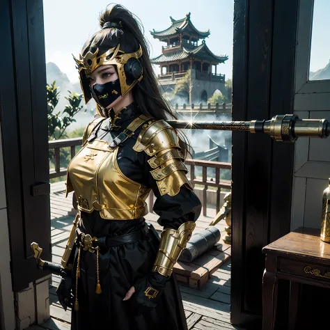 in a panoramic view，photorealestic，cyber punk style，Blue sky, Modern Great Wall defense base，3girl，Wear black Chinese clothing，Dressed in gorgeous gold Chinese high-tech armor，Wearing a gold high-tech helmet，Black mask，High-tech motorcycle，holding sabre，Ca...