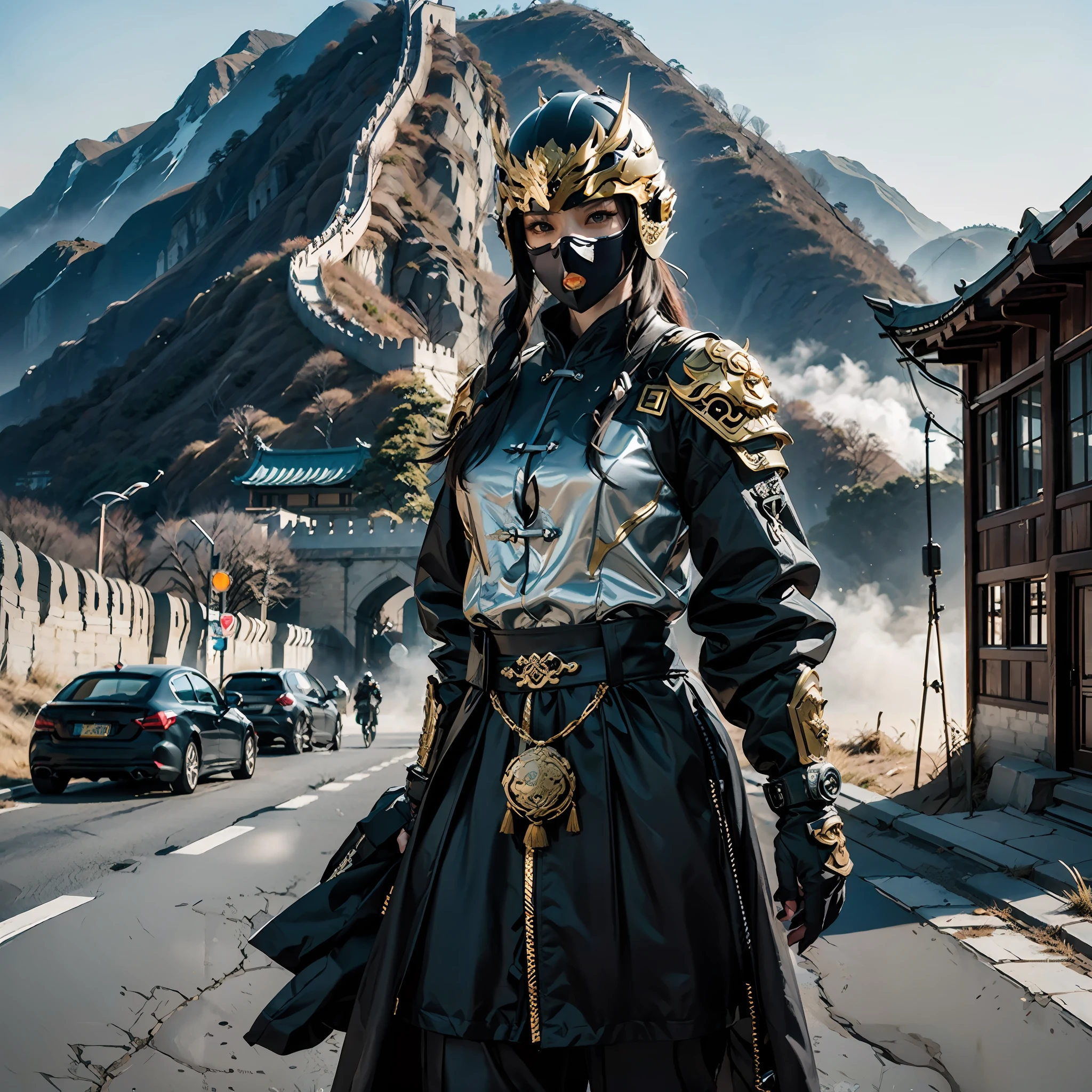 in a panoramic view，photorealestic，cyber punk style，Blue sky, Modern Great Wall defense base，3girl，Wear black Chinese clothing，Dressed in gorgeous gold Chinese high-tech armor，Wearing a gold high-tech helmet，Black mask，High-tech motorcycle，holding sabre，Carrying a laser gun，Stand in front of the Great Wall，Sharp eyes，professinal，Meistwick，commissioned，best qualtiy，color corrected，After fixation，Retouching，Improvement，Epic，Tone-mapping，the detail， highly  detailed， digitial painting， art  stations， Conceptual map of the long dam， Smoothness， Sharp focus， Beautiful illustration， photore， The light from the back window is backlighted， 动态照明， Mist， 复杂， cinematic grain， professinal， face to the viewer，（Beautiful m3d_woman， Perfect M3D_face,）， Volumetriclighting， subsurfacescattering， Good highlights， Good shadows， cinematic ligh