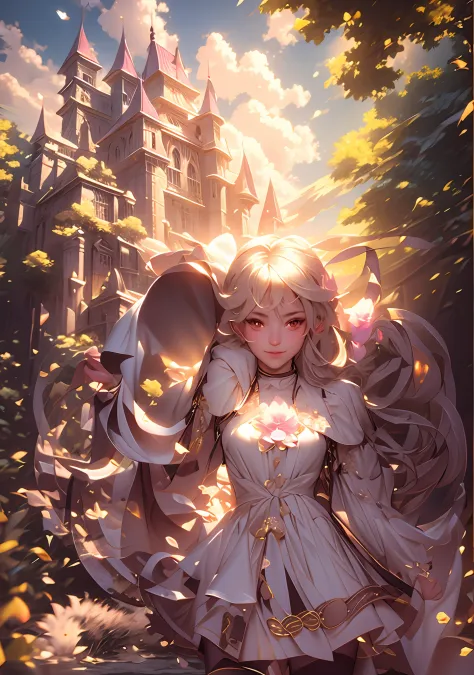 anime girl with a hat and a dress in front of a castle, cushart krenz key art feminine, anime fantasy illustration, anime fantas...