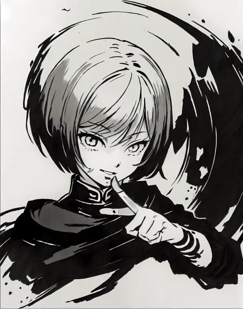 The anime character holds a knife in his hand，The background is black and white, ink manga drawing, pencil and ink manga drawing...
