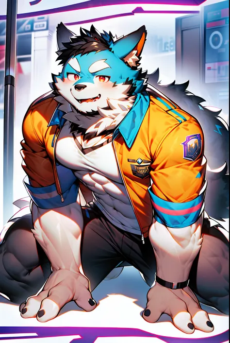 coyote，Furry，Dark blue pattern，Black hair，musculature，Muscle men，nakeness，Strong，ultraclear，Has a large ，Collar，Black  shorts，Bl...