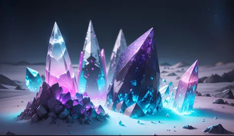 There are a lot of crystals and crystals on the ground, glowing crystals on the ground, luminous crystals, Glowing sparkling crystals, floating crystals, crystal desert, crystals enlight the scene, Cosmocrystalline, fantasy desert crystal island, Colorful ...