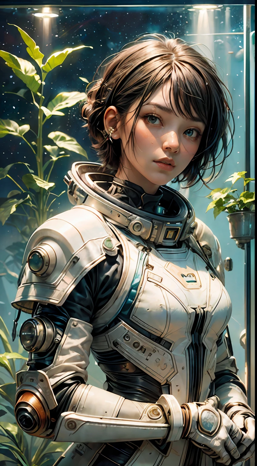 1 monk warrior girl with white tech suit clothes，with short black hair，Planting，sapling，Space plants，Glass cover，laces，abstract vintage scifi background，art by Moebius，Ashley Wood's art,