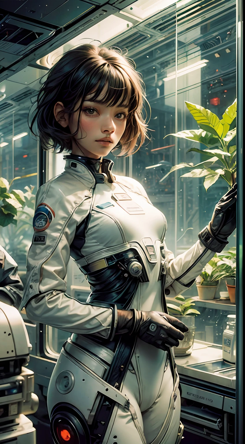 1 monk warrior girl with white tech suit clothes，with short black hair，Planting，sapling，Space plants，Glass cover，laces，abstract vintage scifi background，art by Moebius，Ashley Wood's art,