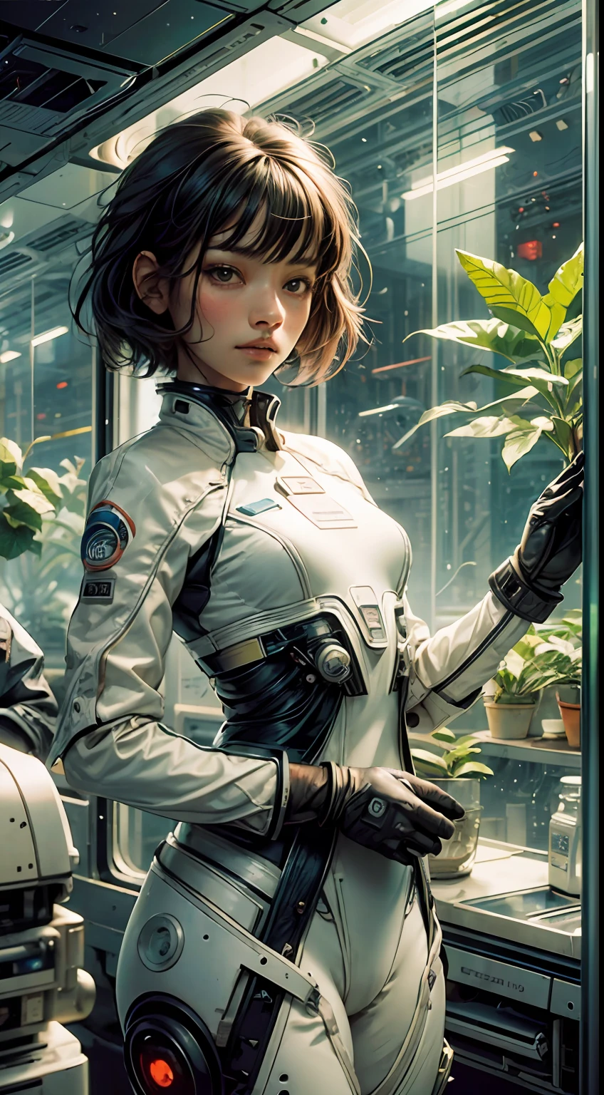 白いハイテクスーツを着た僧侶の戦士の少女 1 人，短い黒髪，植栽，苗木，宇宙植物，ガラスカバー，靴ひも，抽象的なビンテージ SF 背景，アート：メビウス，アシュリー・ウッドのアート,