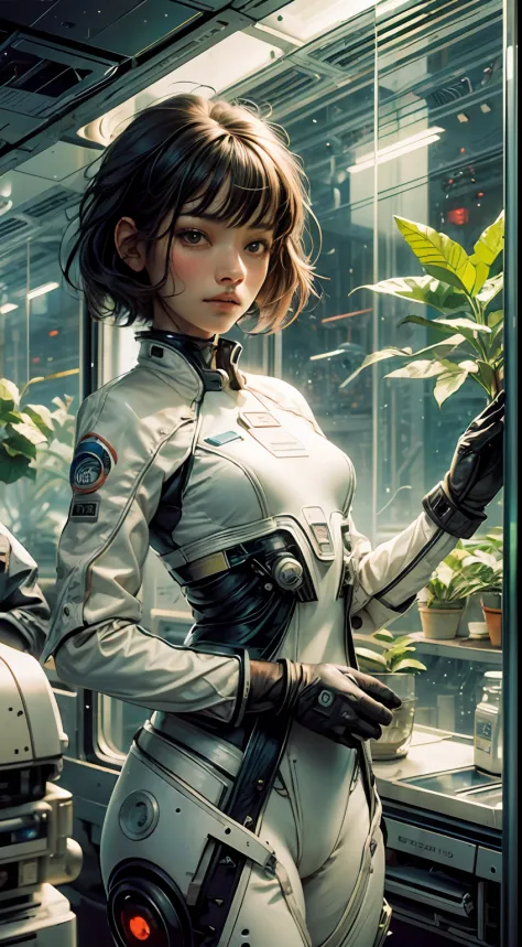 1 monk warrior girl with white tech suit clothes，with short black hair，Planting，sapling，Space plants，Glass cover，laces，abstract ...