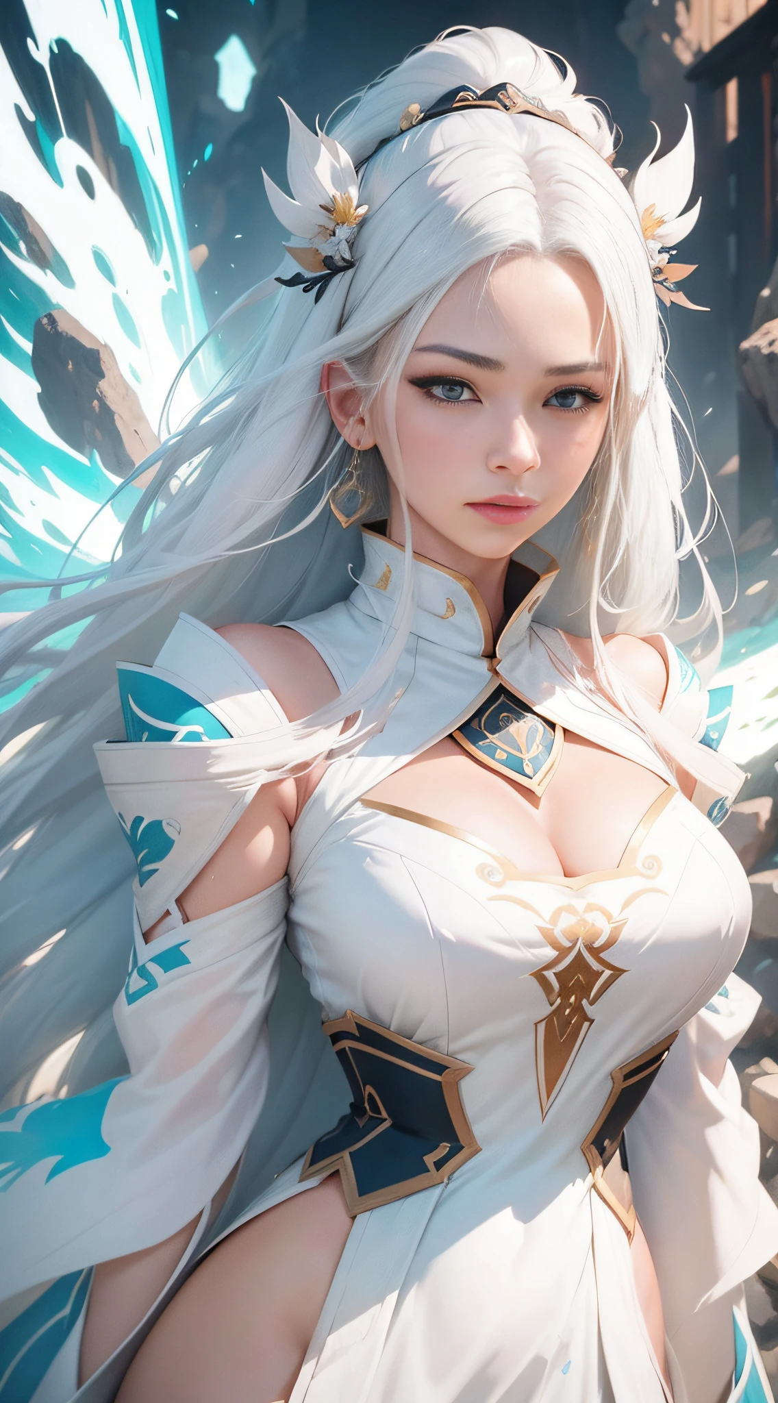 Close-up of a woman with white hair and a white mask，Belle peinture de personnage，Guviz，Guviz-style artwork，white-haired god，Yang J，Epic and beautiful character art，Stunning character art，FAN Qi，Wu Zhun Shifan，Guvitz at the Pixiv Art Station,dynamic action,dyna,Clothing texture details