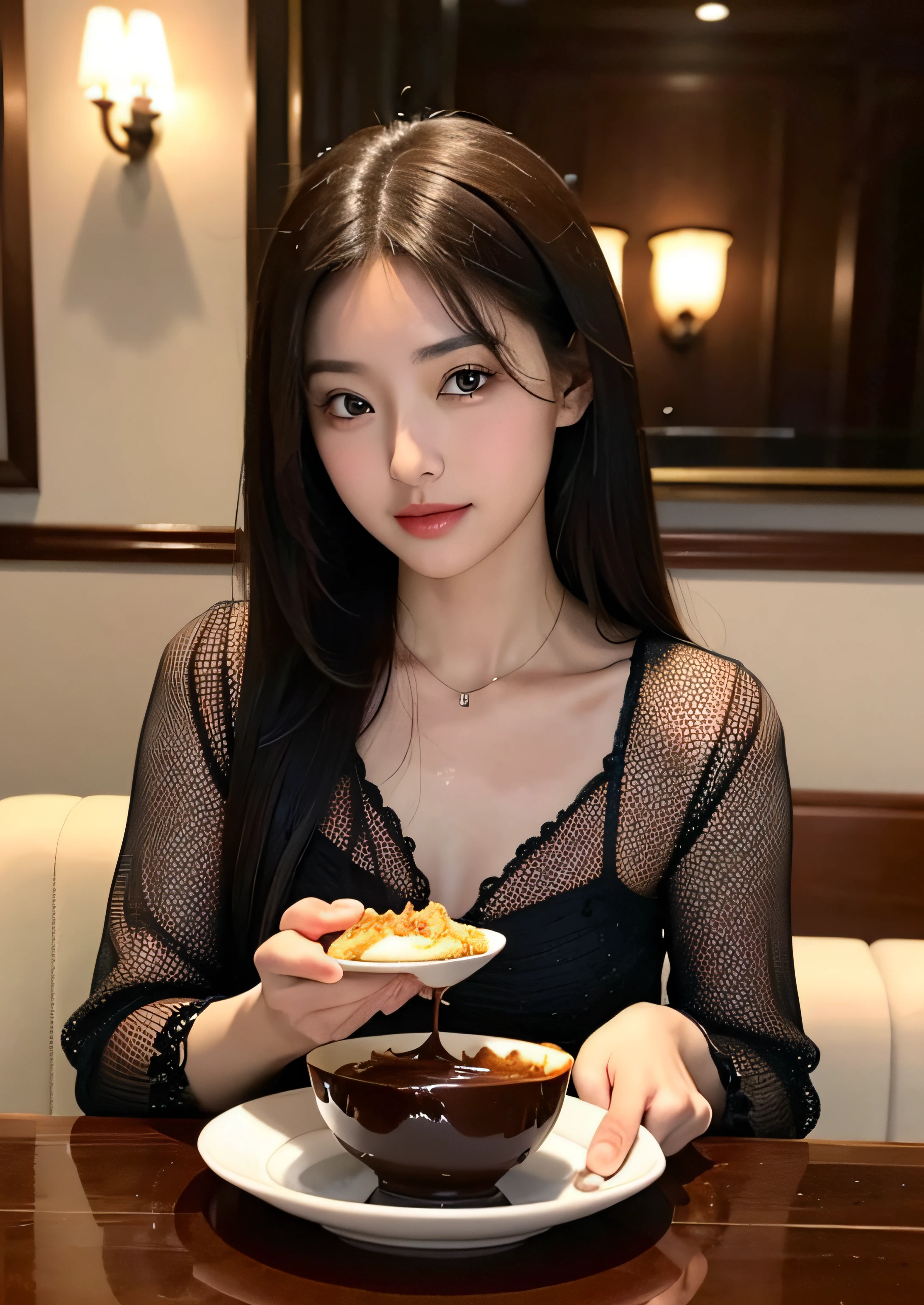 A full shot of an Asian beauty woman, her eyes glimmering as she enjoys her delectable croffle with a luxurious chocolate dip at the tiny bowl. She want to Offer you a croffle.