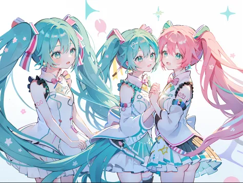 2 girls in、Hatsune Miku on the left、((miku hatsune))、Blue-haired twin tails、Sakura Miku on the right、((Sakura Miku))、Twintails w...