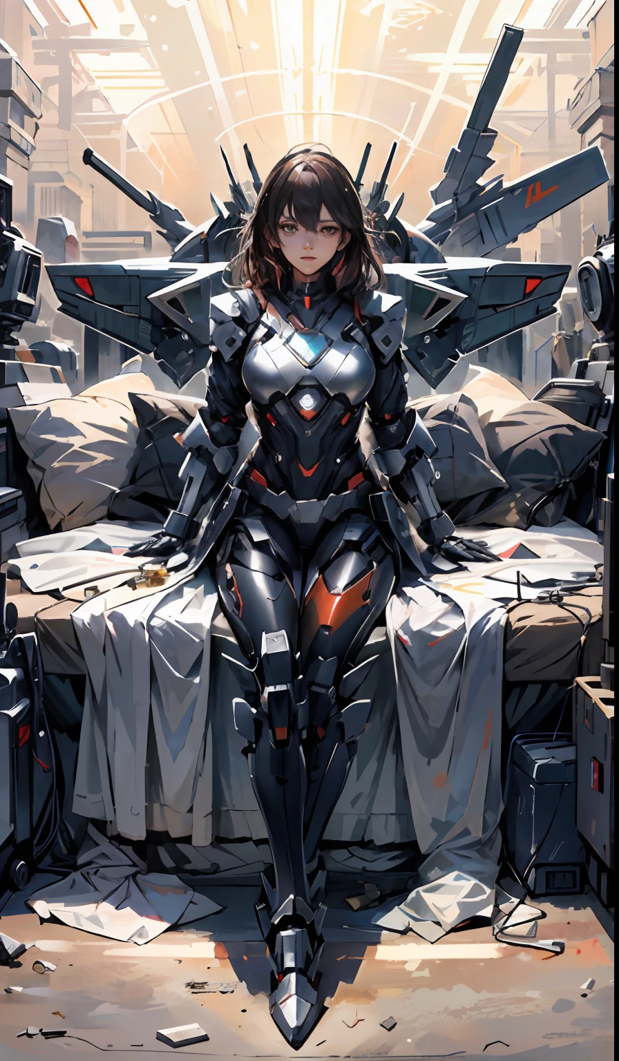 （（best qualtiy））， （（tmasterpiece））， （（Realistis））， （A detailed）， （realisticlying：1.5）,Bird Chart，Panorama Figures，fully body photo，2 girls in Iron Man battle suits，2 beautiful female versions of Iron Man fall asleep，Sleeping girl，dynamicposes，tempting pose，Seductive eyes，perfect body figure，Raised sexy，Jade foot ，beautifullegs，long leges，Model figure，White slim tights，The Iron Man logo on the chest，cabellos largos dorados，adolable,Beautiful woman detailed Iron Man silhouette body with Superman roleplay，very Bigger breasts,The body is plugged in with a wire in the charge，The bed is covered with mechanical parts，Thick power cords wrapped around the body，Repair and maintenance are the same，Huge shoes，There is a robot toy next to it，Mecha elements，High-tech equipment weapons，Robot mech toys，