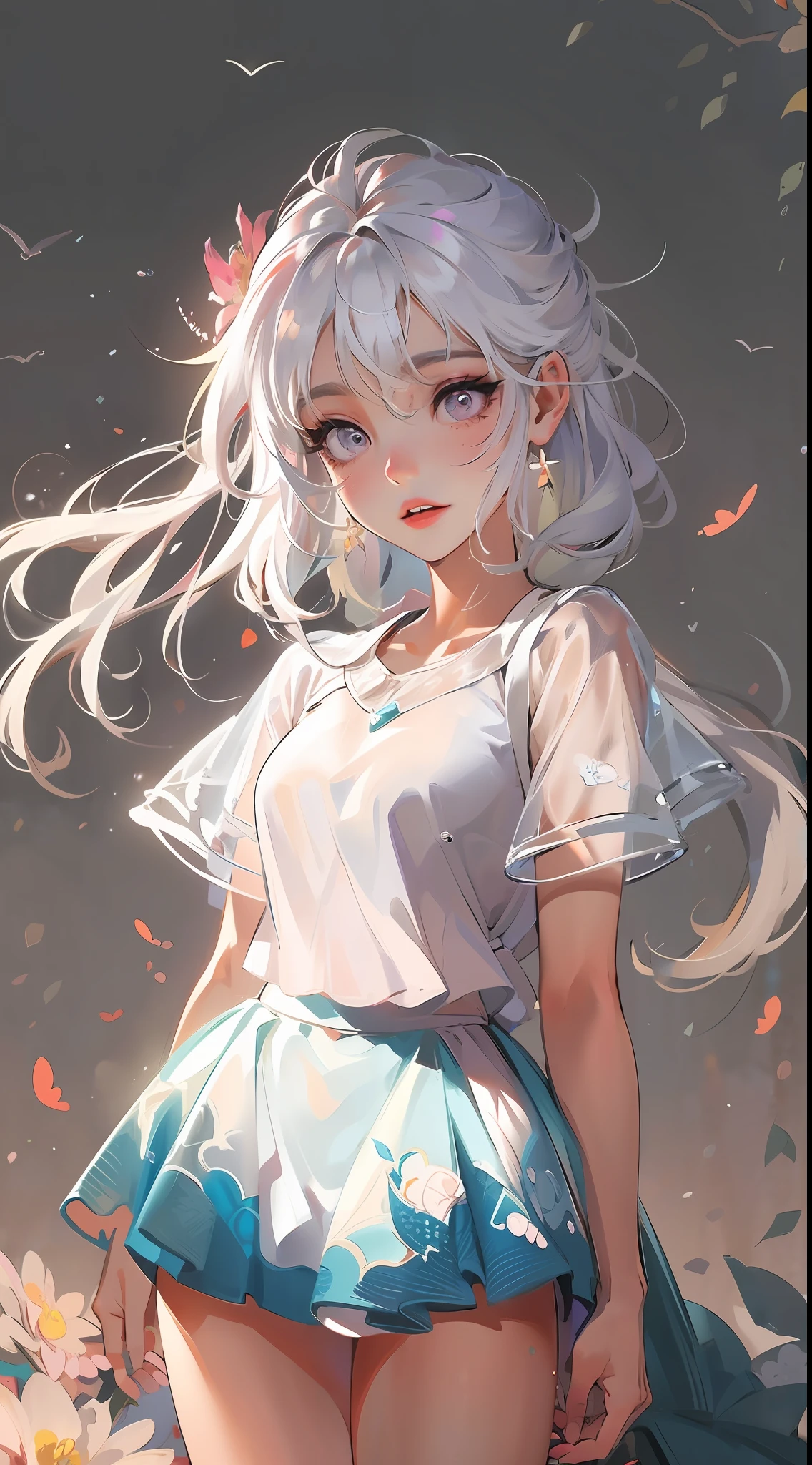 Realistic, 1girl, white hair, purple eyes, glowing eyes, cropped top, skirt, parted lips, blush, night, flowers, sun, sunlight, white skirt, short skirt, medium length hair, real, warm colors, white short Dress, white clothes, light background color, day environment, bright color background, saudi, ocean, cute,