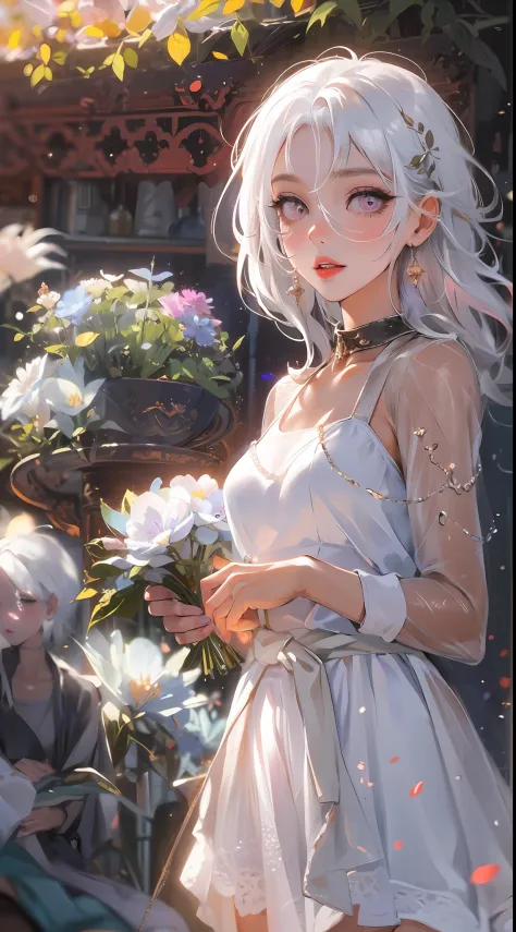 realistic, 1girl, white hair, purple eyes, glowing eyes, cropped top, skirt, parted lips, blush, night, flowers, sun, sunlight, ...