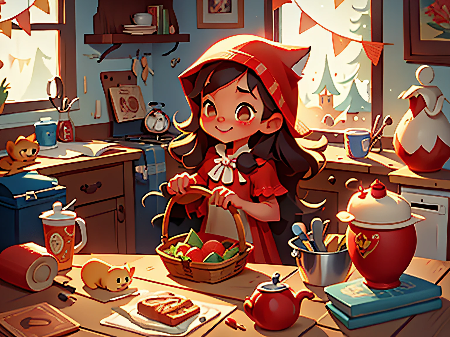 Little Red Riding Hood prepares a basket of food at home，Perfect quality，（Clutter - home：0.8）， （tmasterpiece：1.2） （realisticlying：1.2） （Bokeh） （best qualtiy） （detailedskin：1.3） （complexdetails） （8K） （detailedeyes） ,Disney  style，by Pixar，